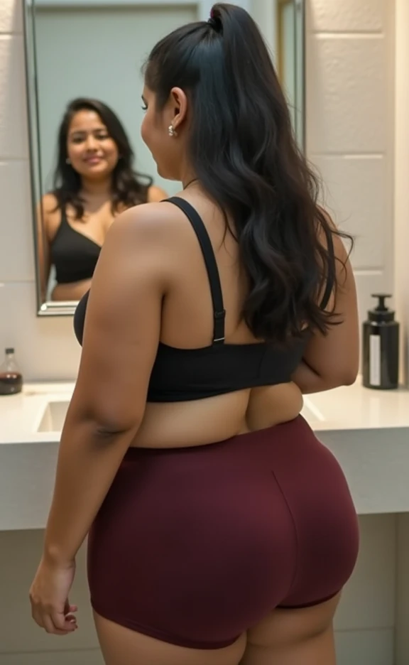 Full body shot. RAW photo. shot from behind. adorable, 1 girl, 10 years old. Chubby cheeks. Messy hair scrunchie. big round breasts, cleavage. Mini bra, black skirt. In the bedroom. standing in front of a large mirror, facing the large mirror. ((sweaty, sweaty wet body, butt sweaty, sweat details)). ultra high res.photorealistic:1.4,UHD