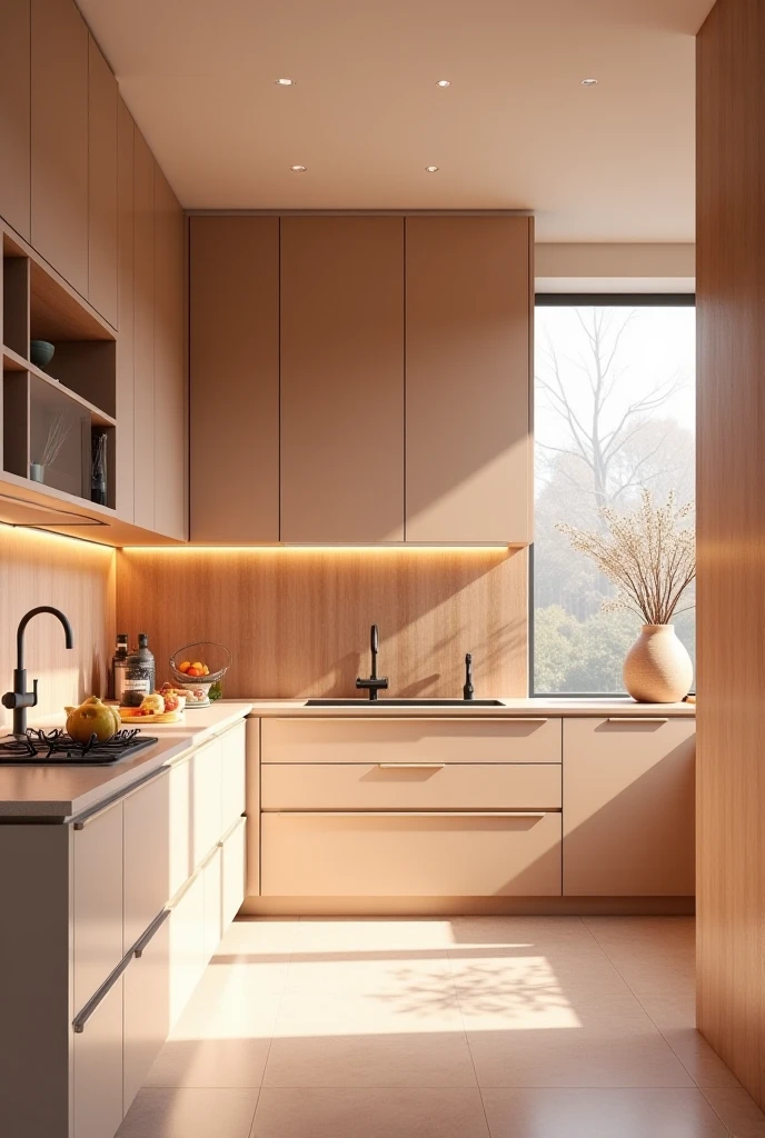 Obra-prima, alta qualidade, melhor qualidade, Genuine, super detalhe, minimalismo, interior,cozinha,cupboard, bancada, cozinha americana em MDF rosa infinito essencial, Planned furniture /(moderno/)