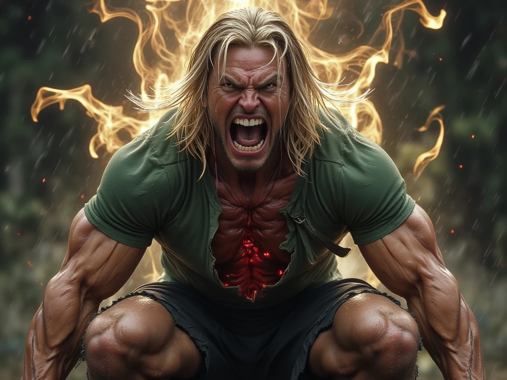 Make a tall, long-haired blonde man wearing black pants and black boots screaming in hatred, in a red environment