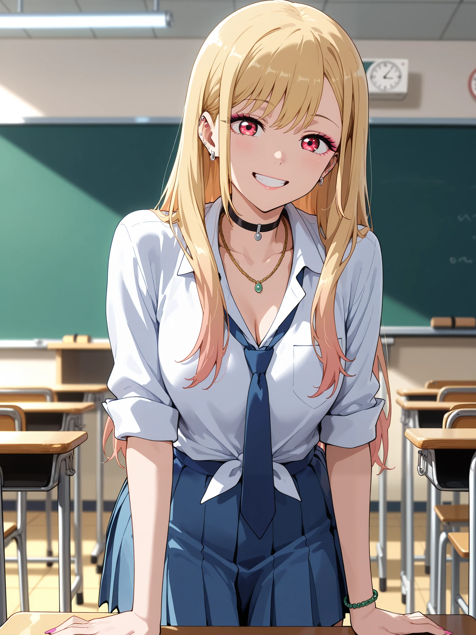 masterpiece, Best Quality, very beautiful, Kitagawa, 1 girl, blonde hair, long hair, multicolor hair that matches the eye, red eyes, pink nails, nail polish, Fingernails, jewelry, earrings, ear piercings, necklace, choker, barbell piercing, bracelet, Marin school uniform outfit, blue tie, shirt, school uniform, skirt, white shirt, tied shirt, blue skirt, classroom, pleated skirt, collared shirt, cowboy shooting, Staring at Viewers, in gold, smile, New York, teeth, happy girl ,