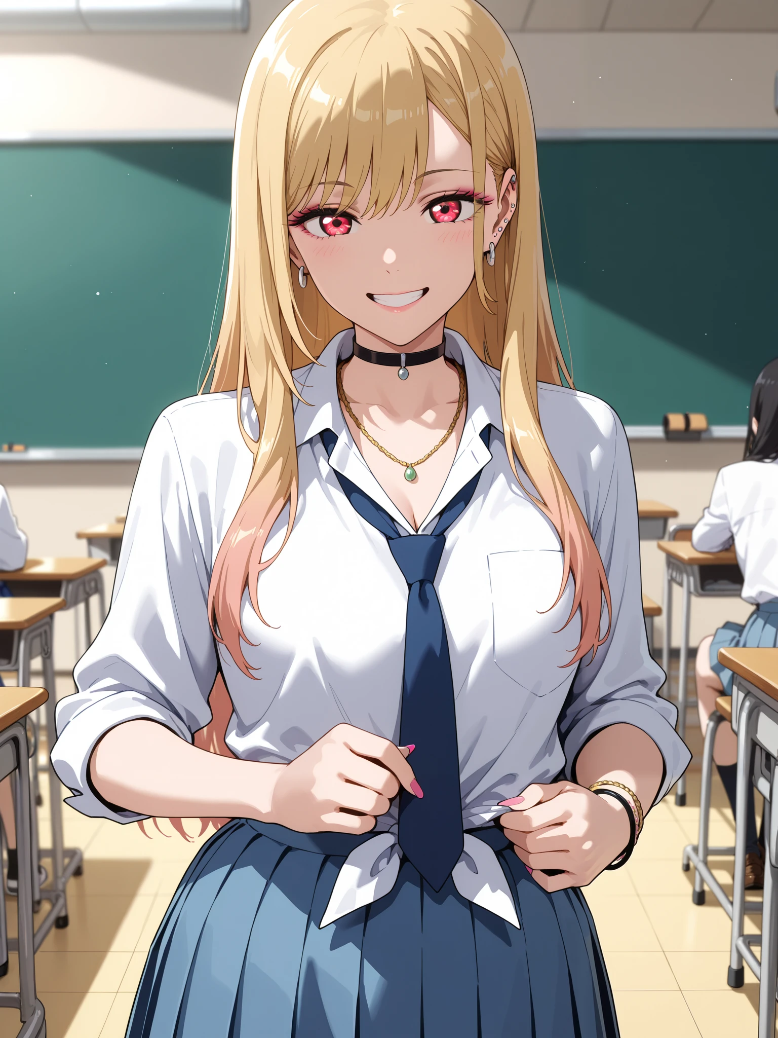 masterpiece, Best Quality, very beautiful, Kitagawa, 1 girl, blonde hair, long hair, multicolor hair that matches the eye, red eyes, pink nails, nail polish, Fingernails, jewelry, earrings, ear piercings, necklace, choker, barbell piercing, bracelet, Marin school uniform outfit, blue tie, shirt, school uniform, skirt, white shirt, tied shirt, blue skirt, classroom, pleated skirt, collared shirt, cowboy shooting, Staring at Viewers, in gold, smile, New York, teeth, happy girl ,