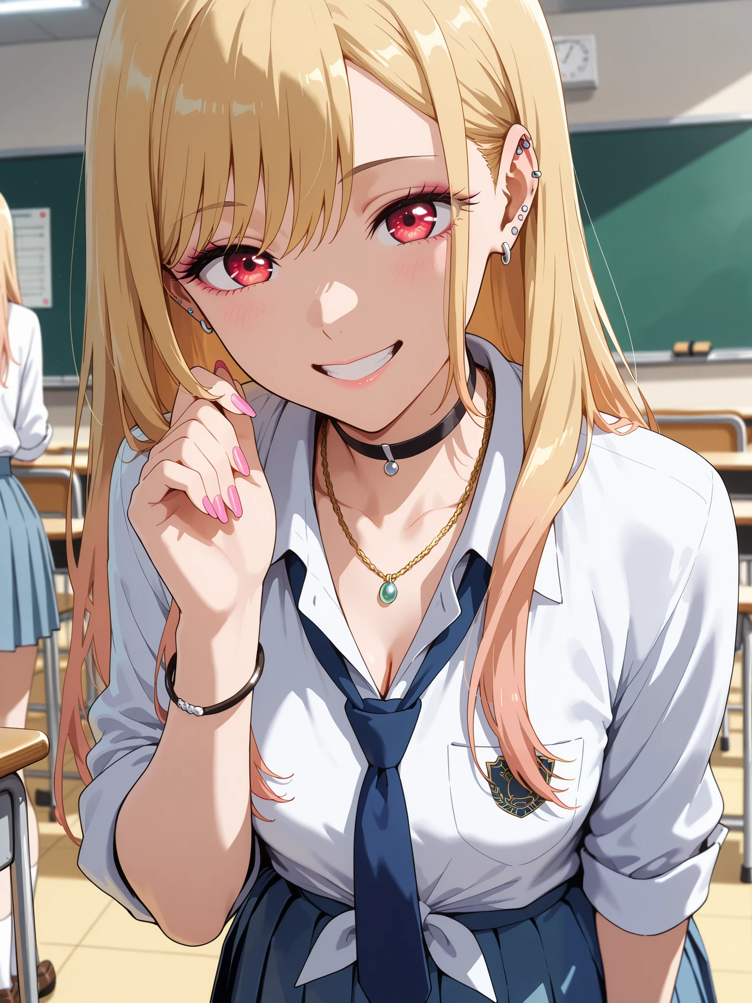 masterpiece, Best Quality, very beautiful, Kitagawa, 1 girl, blonde hair, long hair, multicolor hair that matches the eye, red eyes, pink nails, nail polish, Fingernails, jewelry, earrings, ear piercings, necklace, choker, barbell piercing, bracelet, Marin school uniform outfit, blue tie, shirt, school uniform, skirt, white shirt, tied shirt, blue skirt, classroom, pleated skirt, collared shirt, cowboy shooting, Staring at Viewers, in gold, smile, New York, teeth, happy girl ,