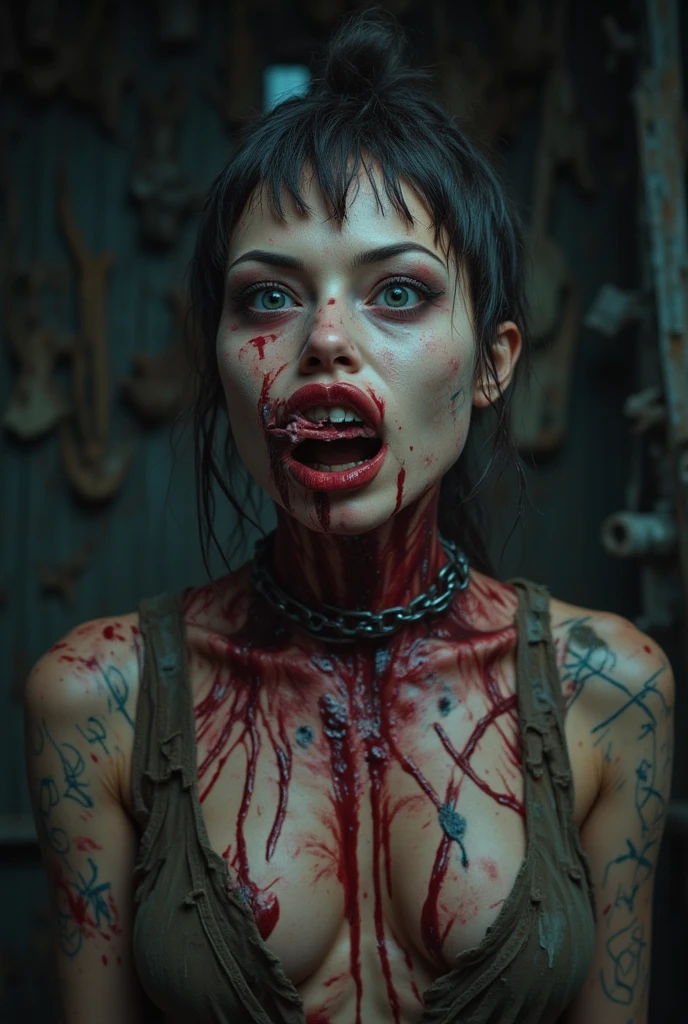 Ultra realistic photo of zombie girl, Realistic zombie movie, masterpiece, (Best Quality), (absurdness quality), High resolution, 32K, (Photorealistic:1.4), Black hair, (((Strapless, Torn sheer shirt))), A nasty abandoned house, Dark atmosphere, Super huge cleavage exposed, ((zoom out angle, Full body shot)), Super big tits spilled out of torn shirt, ((realistic Undead Face, Realistic rotten Skin, Undead Eyes)), infected by zombie virus,