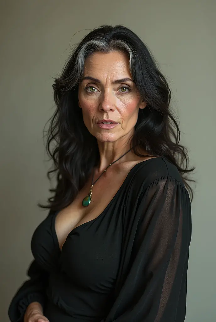 mature girl, old woman, normal breasts, big ass long black hair, eyes black, hair between the eyes, jewelly, long sleeves, black hat, short dress, guy catching her by surprise while she was squatting and putting penis in vagina