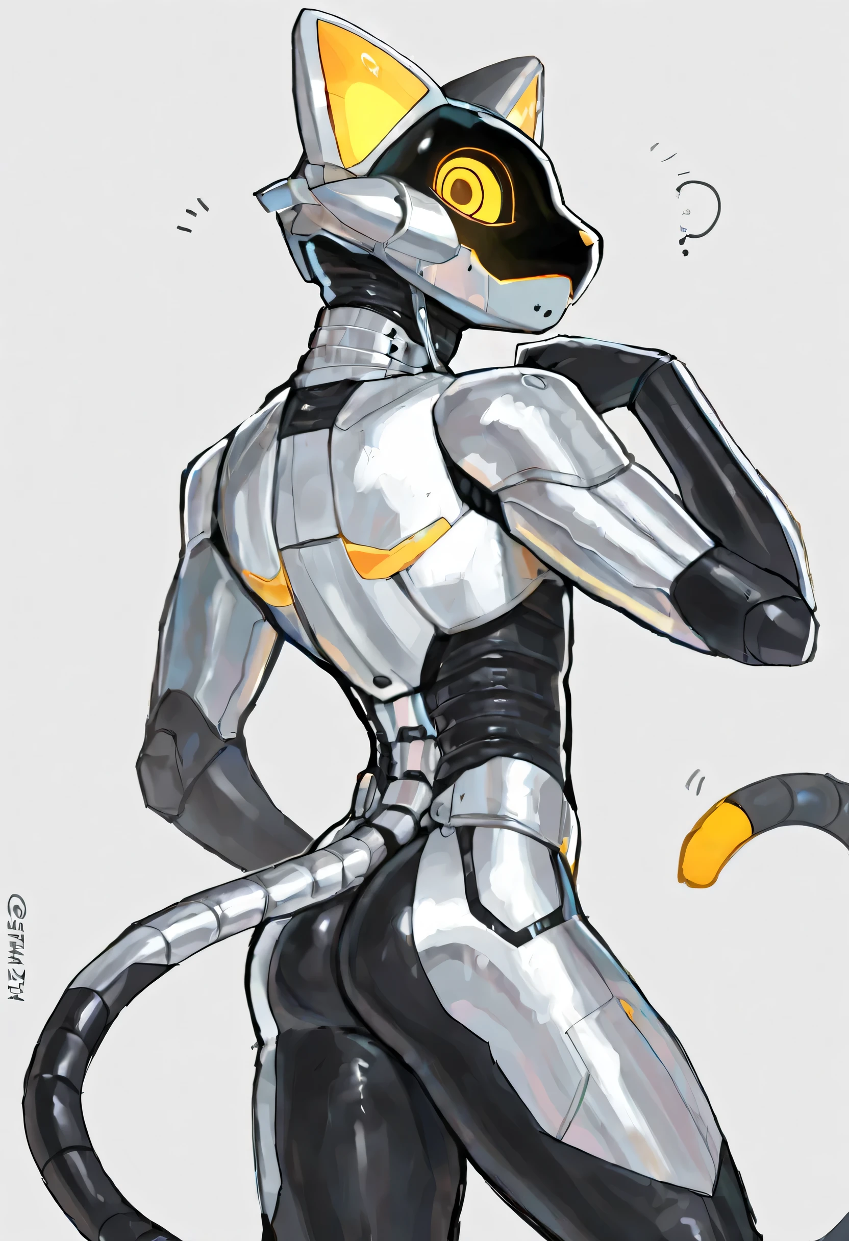 robot，Male, robot wolf, detailed yellow eyes, long tail, big nipples, slim, sly, simple background,, smirk, bulge,  glasses, tail wrapping around body