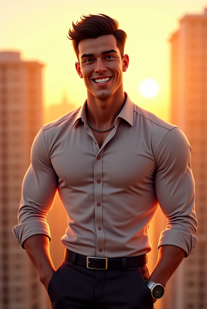 ((masterpiece)), ((best quality:1.2)), High Resolution, 8k, (ultra_realistic:1.photorealistic:1.4), (instagram model, handsome:1.2), sharp focus, model pose, he wearing a tight white button up, short brown hair, goofy smile, at party, nighttime
