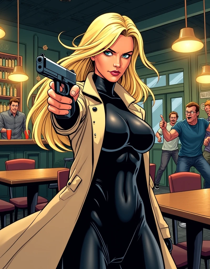 dark surroundings, few drops of blood, realistic comic book style image rich woman arrested after murder