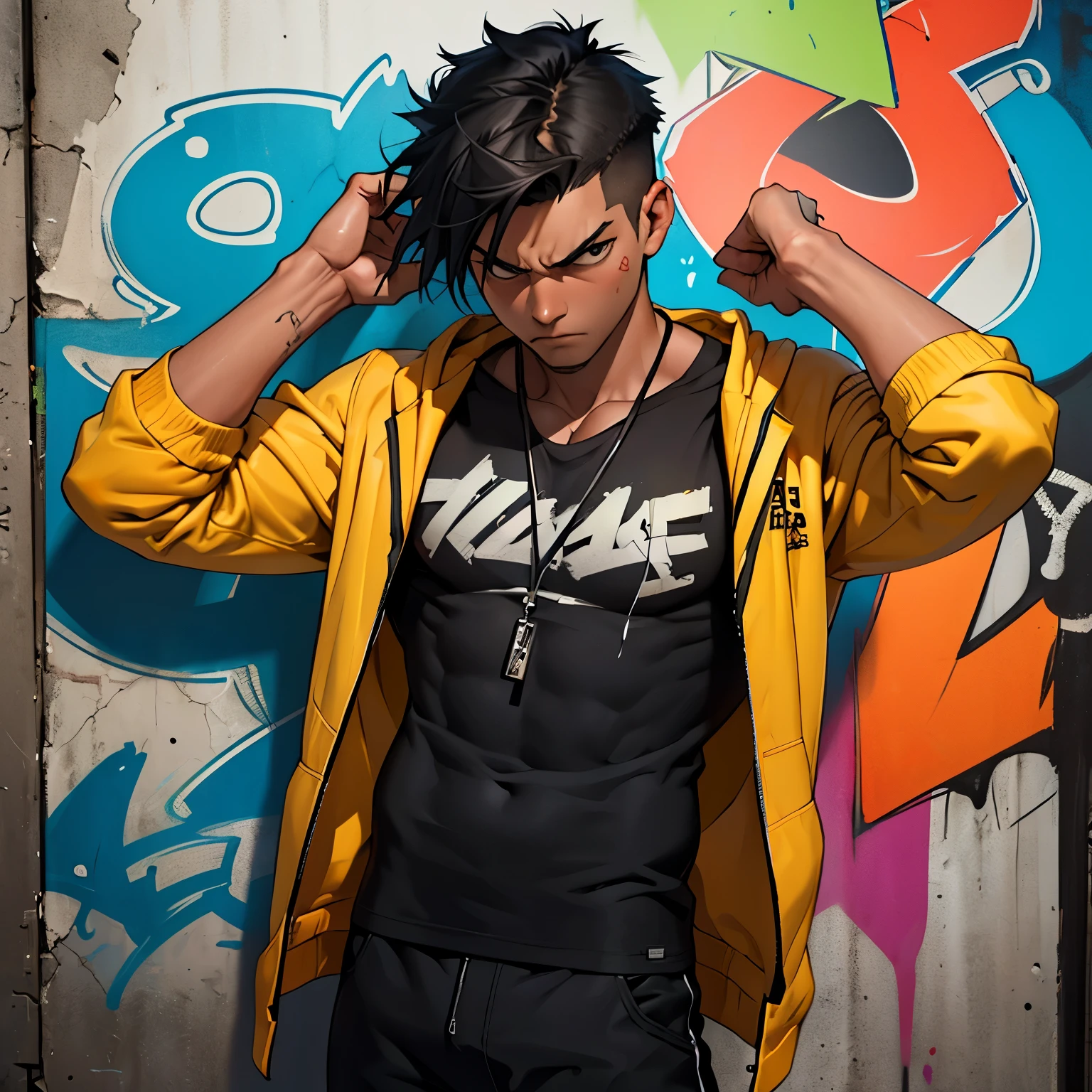 young Mexican guy, tan skin, grunge graffiti scene, light body hair, covered in tattoos, ((athletic small)), badass, bad attitude, scowling, ((he is solo)), ((he is alone)), wearing bad bunny clothing, shirtless