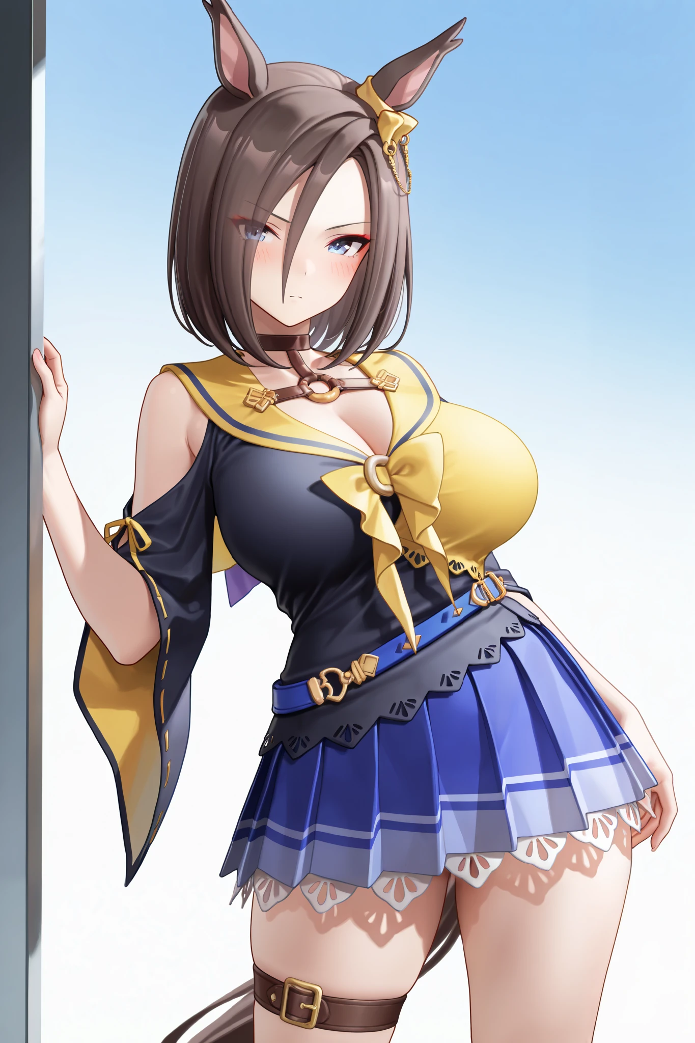 NSFW,masterpiece,Highest quality,high resolution,very detailed,Air Groove (umamusume),black shirt、 yellow sailor collar、Short sleeve、wide sleeve、belt、blue skirt、pleated skirt、thigh strap、choker、exposed shoulders、Chest Valley