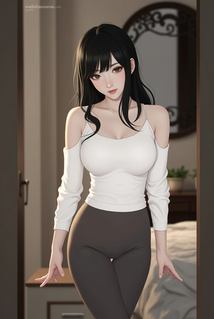 masterpiece, high resolution, beautiful woman, Korean Beauty, 30 years old, tight sports long sleeve, tight yoga pants, beautiful woman, night hotel, looking at me, (high resolution face), (high resolution eyes), (high quality eyes), black hair, purple eyes, little curvy