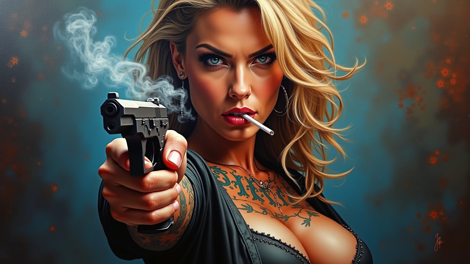 Comic art of a pretty woman with medium-short blonde hair, She sticks out her tongue and licks her precious silver gun, She is wearing a beautiful white dress, Black background. Dark comic image