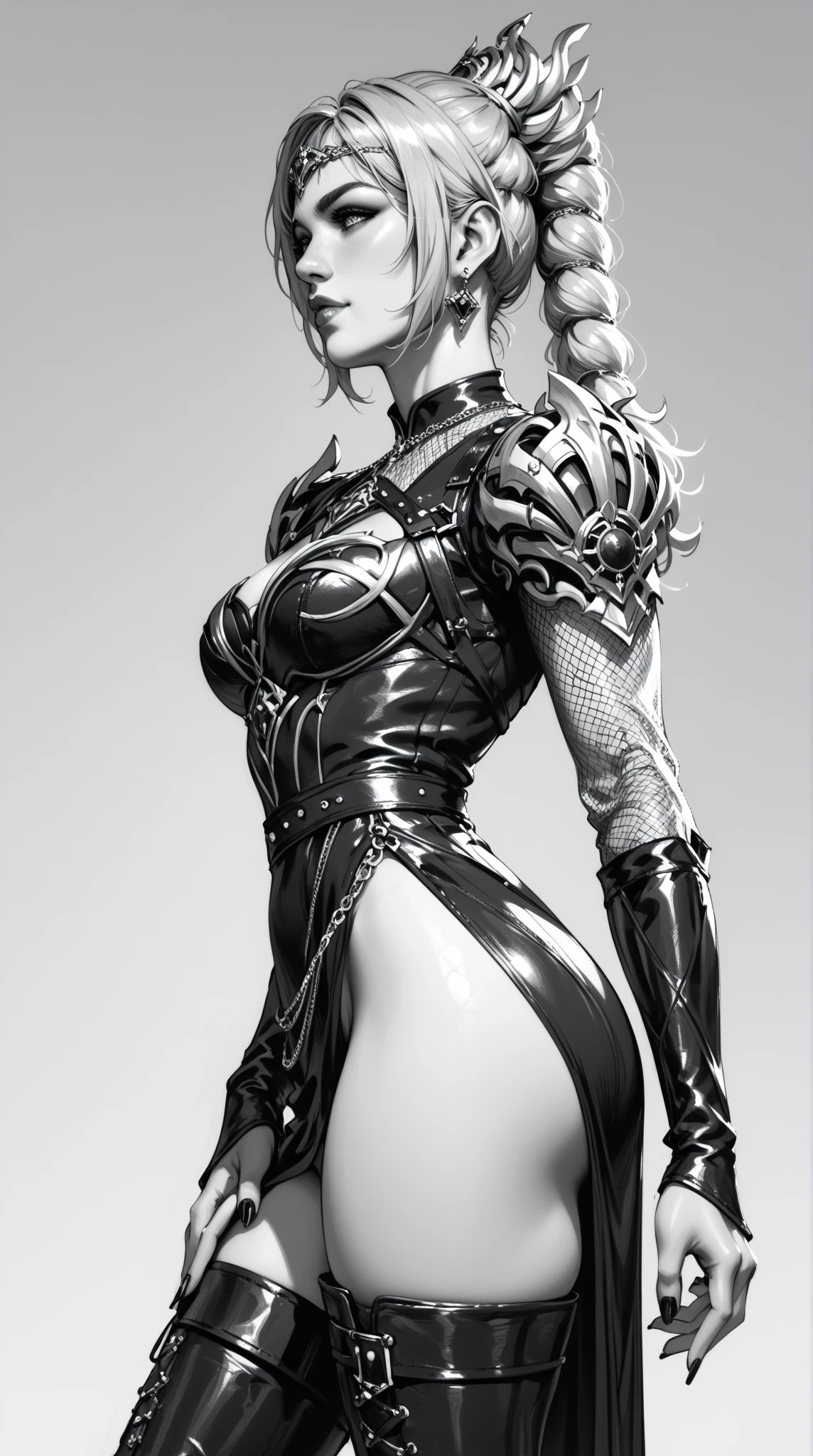 illustration art，Whole body movement，Sexy woman in black，Soprano woman，Very cool facial expression，Gorgeous background，Great erotic art，line art，Sexy art，Detailed body part details，leggy，Inspired by J.c.Ryan Decker，Epic European and American illustrations，Tall，The whole body is evenly sexy