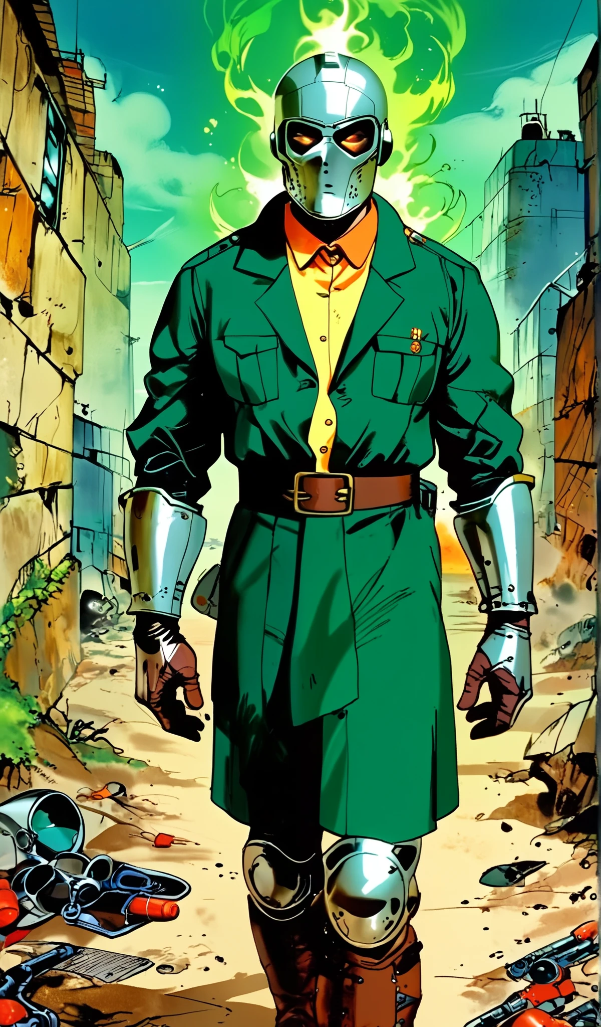 Drawn in 80’s anime art style.
Retro anime. Vintage Anime. Classical Anime.
The outfit is a highly recognizable and iconic superhero suit, primarily green and black, designed for both style and functionality. Here’s a detailed breakdown of its elements:
This person’s combat attire is a fusion of medieval warlord aesthetics, cutting-edge technology, and dark sorcery. He wears a cold, expressionless metal mask fused to his scarred face, paired with a reinforced helmet for added protection. His titanium alloy armor, sometimes infused with vibranium, grants superhuman strength, energy projection, and force field generation, making him nearly indestructible. Over this, he dons a fire-resistant green cloak and hood, often enchanted for extra defense. His gauntlets and boots contain built-in electrical weapons, jet propulsion for flight, and shock-absorption systems. A utility belt holds advanced gadgets, anti-magic tools, and teleportation devices, while his armor is infused with sorcery, allowing him to resist and counter magical attacks. His regal golden clasps, bearing the Latverian insignia, sometimes function as power sources or communication devices. This fearsome combination of strength, science, and sorcery makes them an unstoppable force on the battlefield.
This outfit not only provides protection but also enhances the Superhero’s combat capabilities, making them an effective and stylish anti-hero.