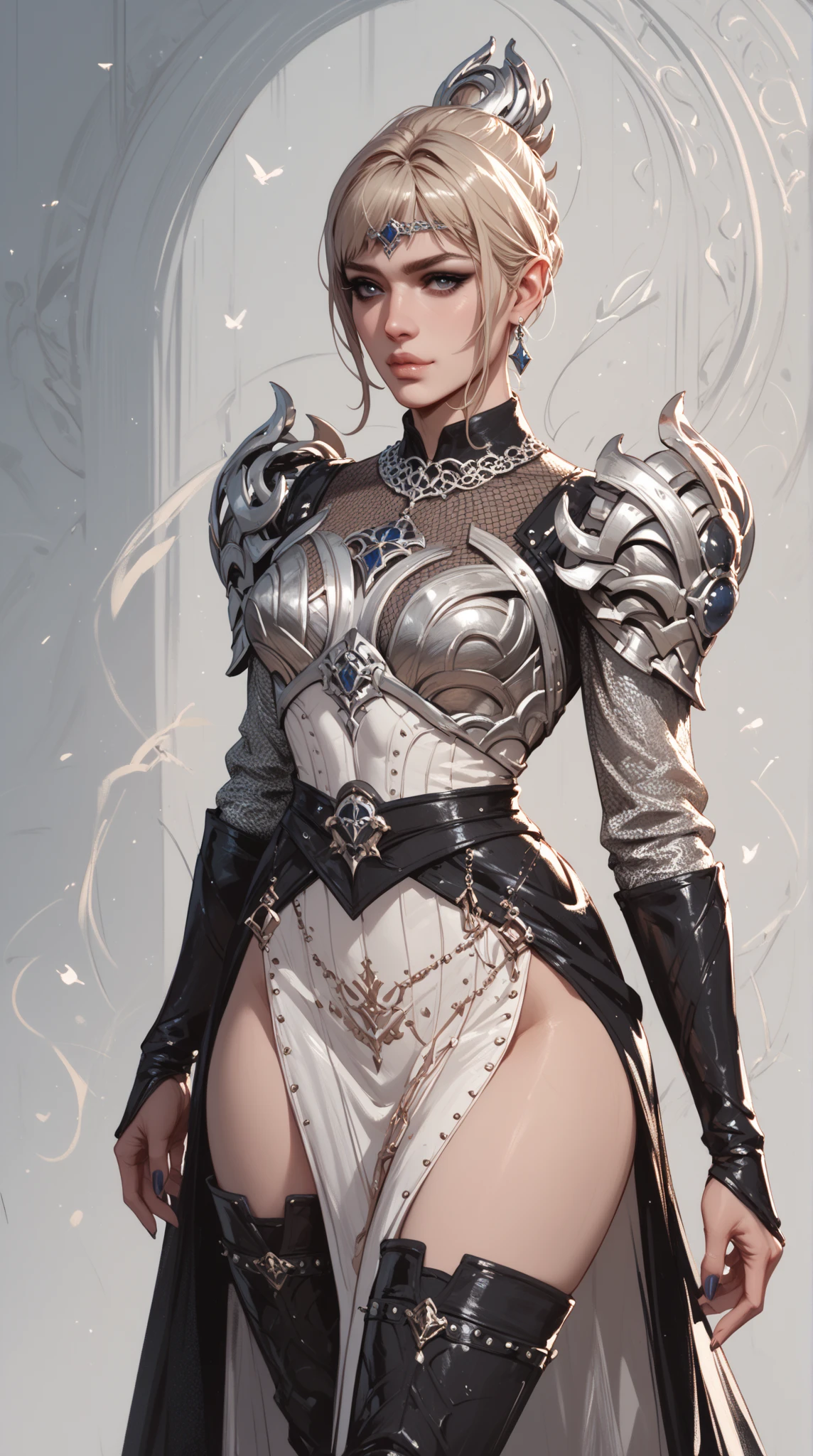 (((of the highest quality: 1.4))),(unparalleled masterpiece ever), (Ultra high definition),(Ultra realistic 8K CG), (((adult body))), (((1girl in))), ((( Bob Shorthair ))), Gladiators with perfect bodies,,Beautiful and well-groomed face,muscular body:1.4,Detailed breastplate, gauntlets、is standing, (Image from head to thigh),(( White Blonde Bob Shorthair )),, Simon Bisley's urban savage style,Detailed ancient Roman background,Clean abs, Complex equipment, Dark brown with white stars and gray and white stripes,,,s Armor, Poison tattoo