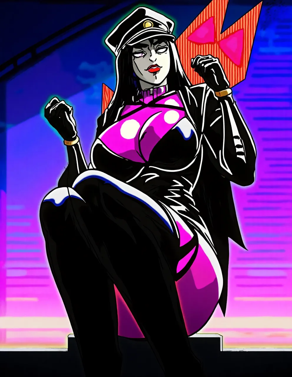 there is a Japanese Ninja woman standingneon-noir background, cyberpunk femme fatale, seductive cyberpunk dark fantasy, cyberpunk strip clubs, gigantic breasts, cleavage, beautiful face, beautiful body, beautiful eyes nose lips, alluring expression, full body photo, standing legs apart(well defined pubic hair:1.2)), (dark plain black background:1.4)), RED tones, firelight