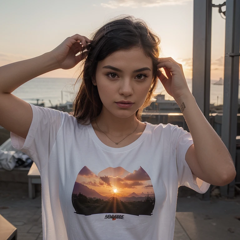 Best quality, masterpiece, ultra high resolution, (photorealistic:1.37), RAW photo, 1 brunette girl, long hair, beautiful brown eyes, Beautiful face, detailed eyes and face, T-shirt with sun print, dynamic lighting, in the mountains, restrained
