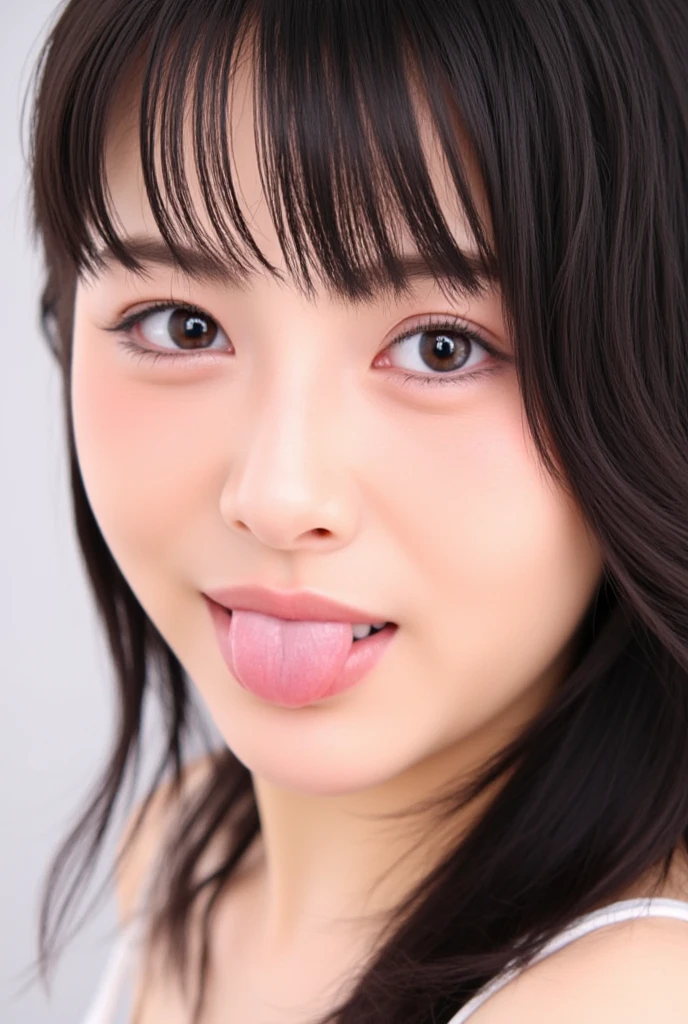 (8K, RAW photo, highest quality, masterpiece: 1.2), Super detailed, super resolution, (genuine, genuine photos: 1.37), portrait, High-definition RAW color photo, professional photos, 非常に詳細で美New, very detailed, 8K wallpapers, amazing details, huge file size, official art, very detailed CG Unity 8K wallpapers, very detailed beautiful girls, very detailed facesHighly detailed eyes, very fine skin, very fine fingers, very small nose, very detailed detailed mouth, perfect anatomy, detailed background, fine clothes, one girl, 20th generation, cute girl, genuineistic body, white skin, glowing skin, black hair, cute, like々New, cute face, genuineistic face, delicate eyes, camera's line of sight、(facing the front、very detailed white skin), excited face, ((japanese )),Open your mouth wide and stick your tongue out、See here:、shortcut、short hairstyle、Staring at the photographer、lie down on the bed
