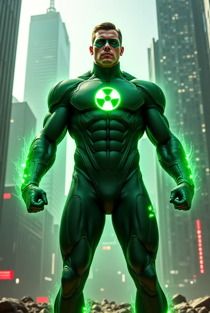 Male speedster hero. Primarily green suit. Secondary color black. Silver accents. Mask that lets hair out. Seemingly homemade costume. Realism