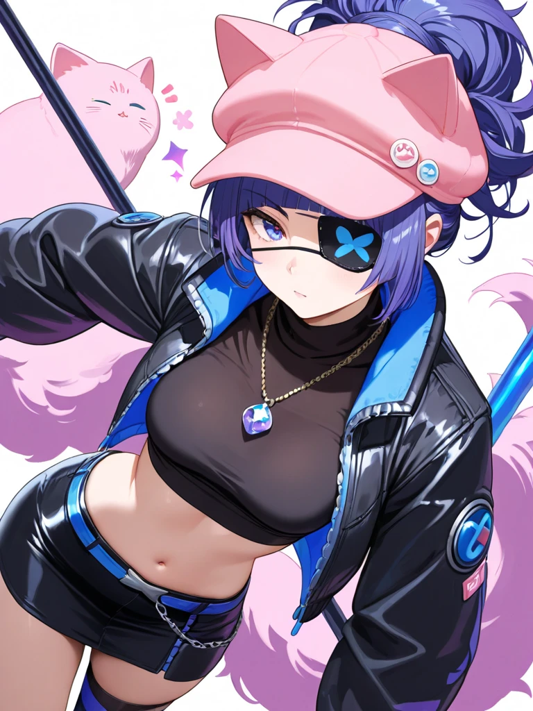 (Masterpiece) (High Detail) (High Res) (Black Skin) (Anime) Looking from above, A beautiful young adult, black humanoid FutEred, dark skin, soft detailed face, detailed green eyes, short scruffy black hair, goat ears, short symmetrical black goat horns, looking smug at the camera, toned body, small to average breasts, dressed like a punk wearing a jacket, a cropped tank top showing off her abs, black jean pants with the zipper down and button open, showing off her penis hanging out, erection, large penis, cock sheath, black penis, flared horse cock.