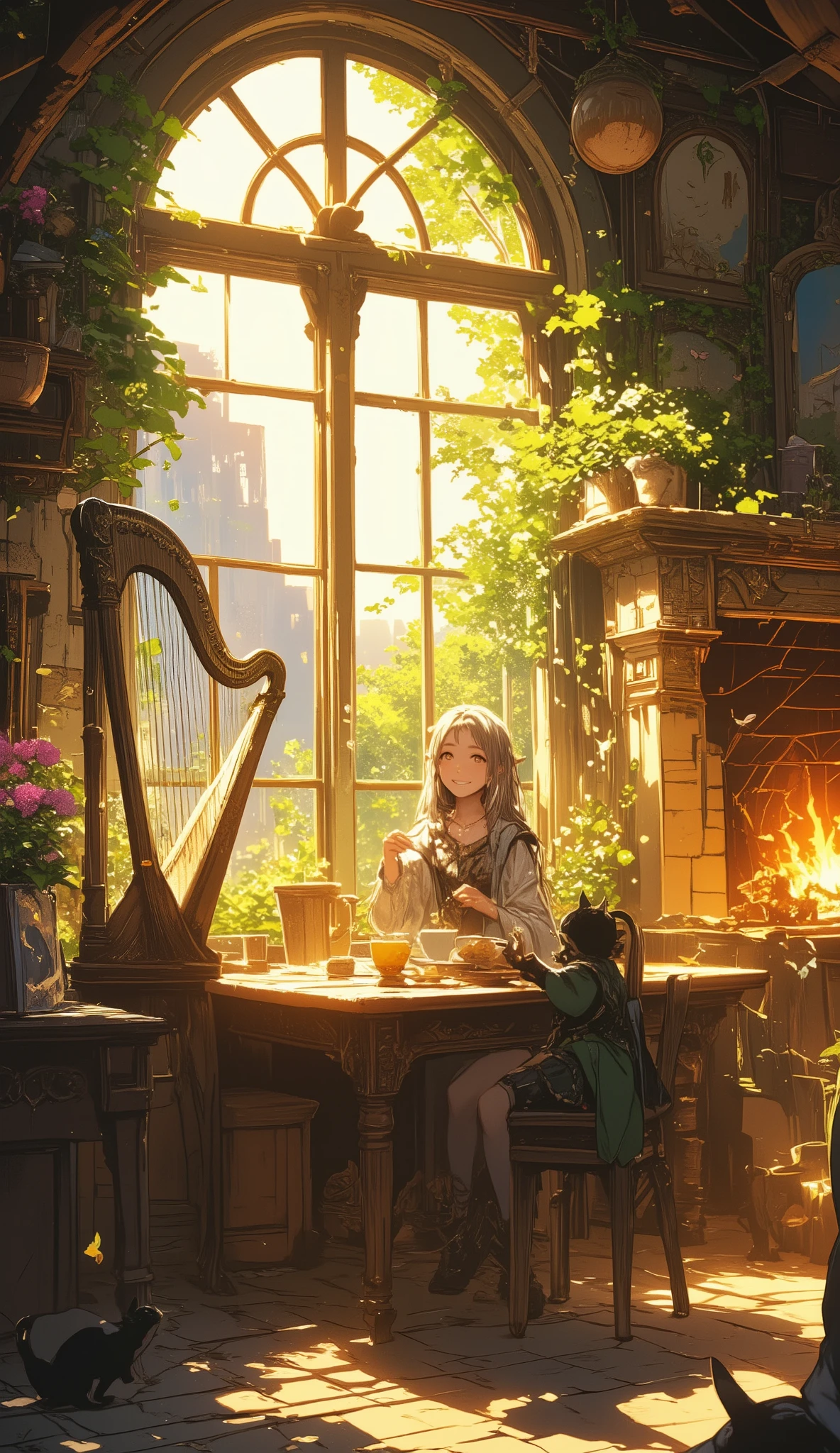 Cozy sunlit medieval tavern, warm golden light from morning sun, smiling elf drinking herbal tea by the fireplace, blooming flowers on wooden tables, playful cat chasing butterflies near open window, soft Celtic harp music notes floating in the air, vibrant colors, 8k detailed fantasy art, Ghibli-style whimsical atmosphere