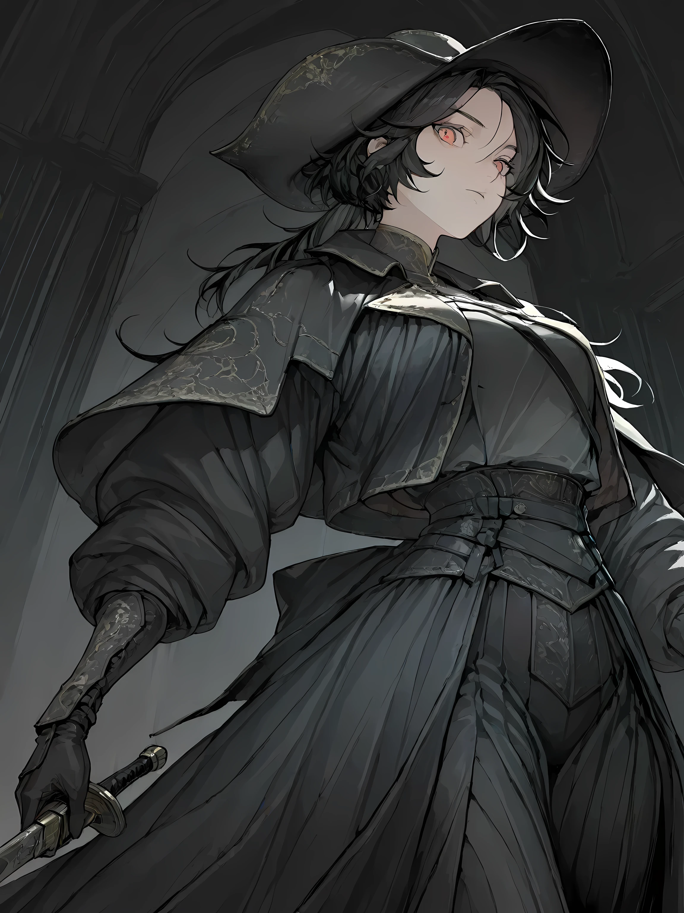 score_9, score_8_up, score_7_up, 1girl, a dark, gothic hunter’s coat, wide-brimmed, weathered hunter’s hat, reminiscent of the gothic tricorn hats from Bloodborne solo, black hair yubu, red eyes Masterpiece, UHD, Very Cool, "She looks at the viewer"