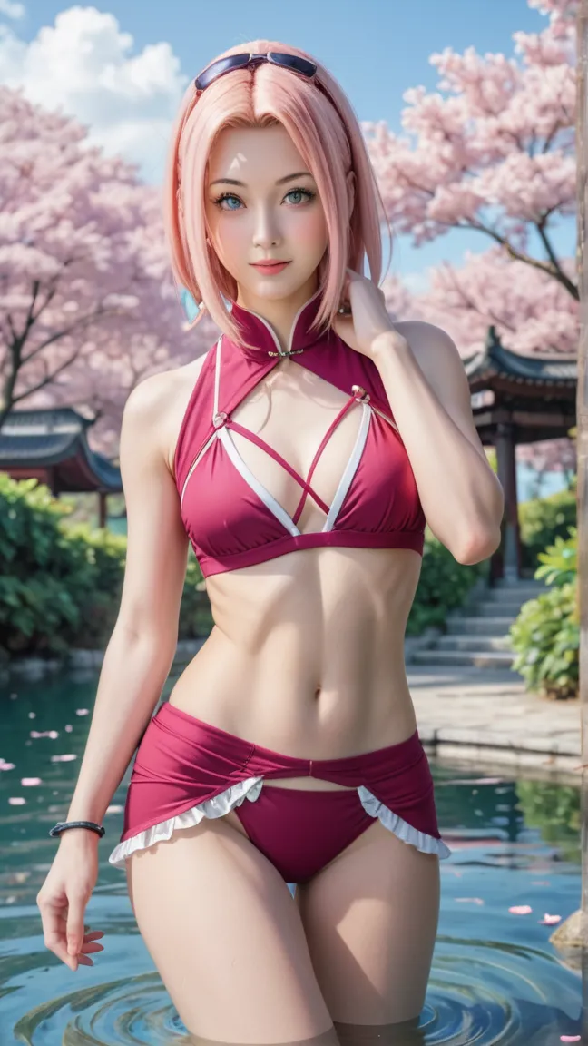 18 year old beautiful girl, masterpiece, best quality, 8K animation, detailed fingers, precise fingers, not unnatural hands, illustration, 1 girl, solo, pink bob cut, gold crown, flower hair ornament, sagging eyes, red mini skirt, YUI