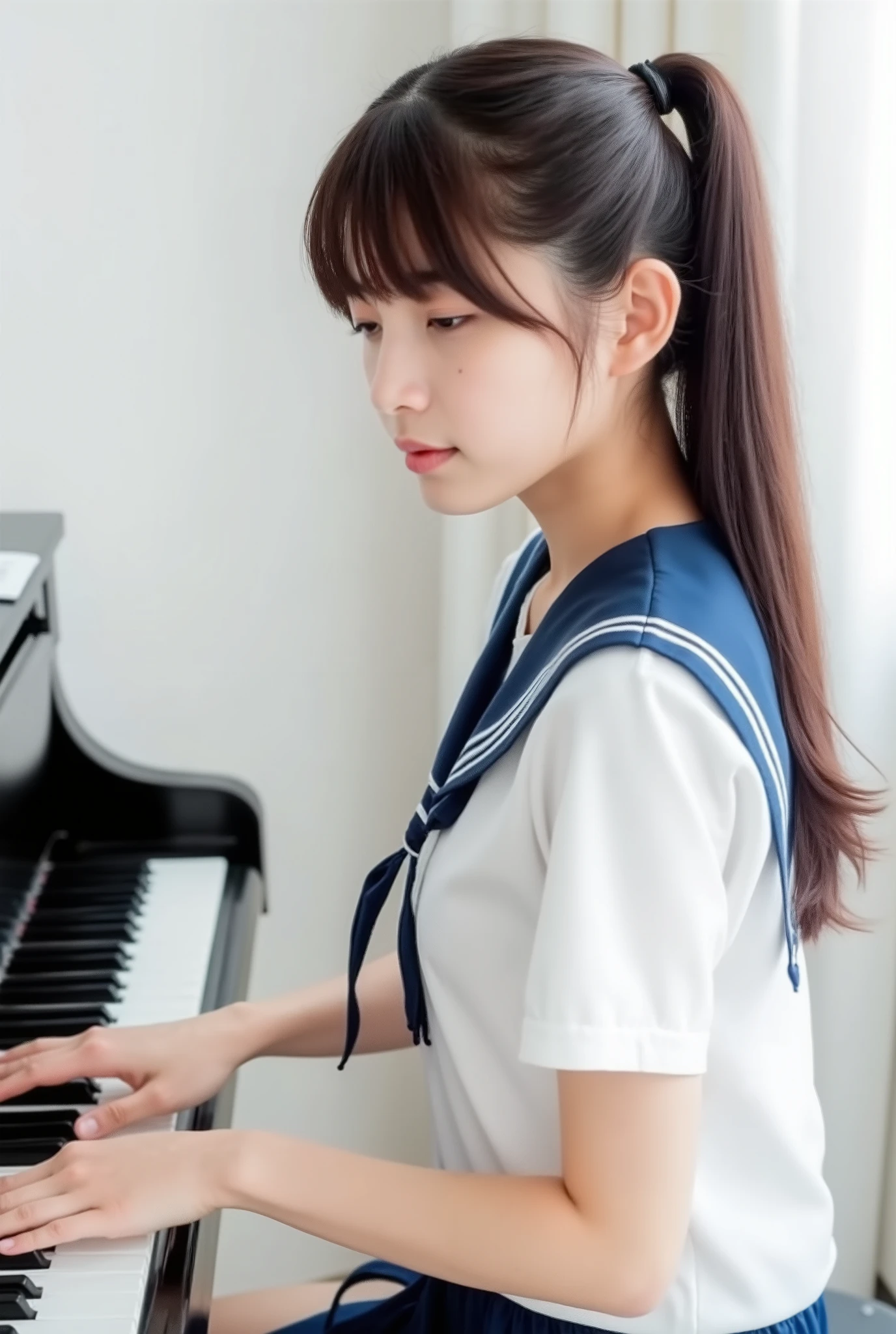 Create a photo collection featuring a beautiful Japanese idol girl with fair skin. She has long, straight hair styled in a ponytail with bangs. The setting is a stylish white room where she is playing the piano while wearing a sailor uniform. The images should highlight her elegance and charm, capturing her pure and delicate essence.