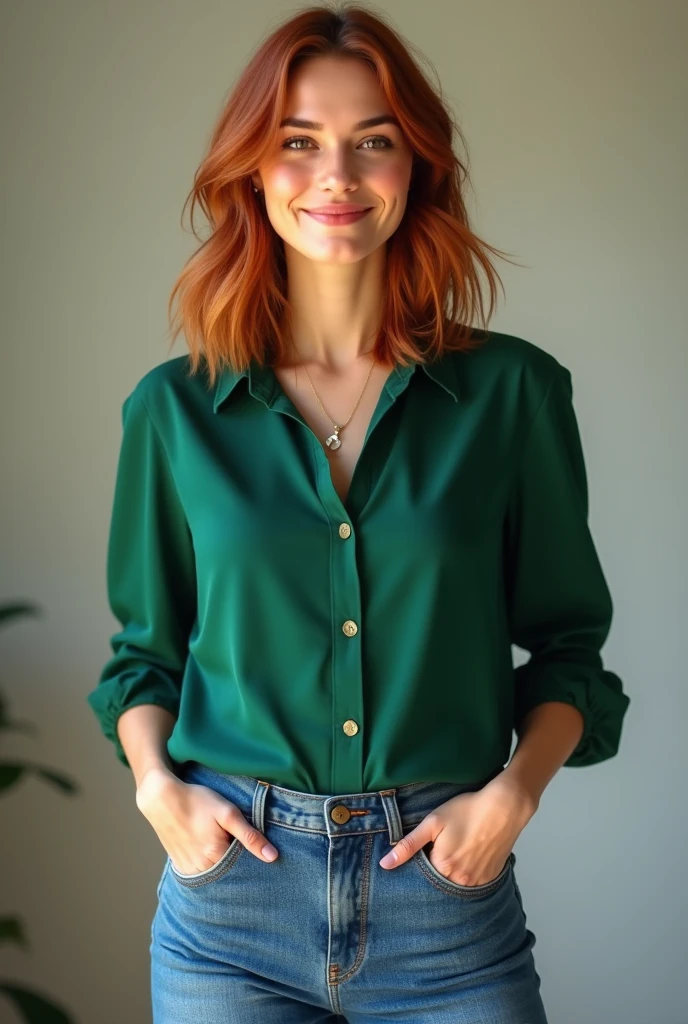 Realistic full body photo of a smiling, Young red-haired girl with long hair, She dances in front of the camera in a long green silk shirt and tight jeans..., Park,glamour fotoshooting, Park, perfect anatomy, perfect green eyes. Perfect hands with 5 fingers on each hand, Matching girl, looking at the camera, 1 Frau. (Eye make up:1.1), (highly detailed skin:1.1), spirit, analog style, keen focus, 8K  UHD, dslr, good quality, Fujifilm XT3, Grain, Award-winning, ​masterpiece. Park