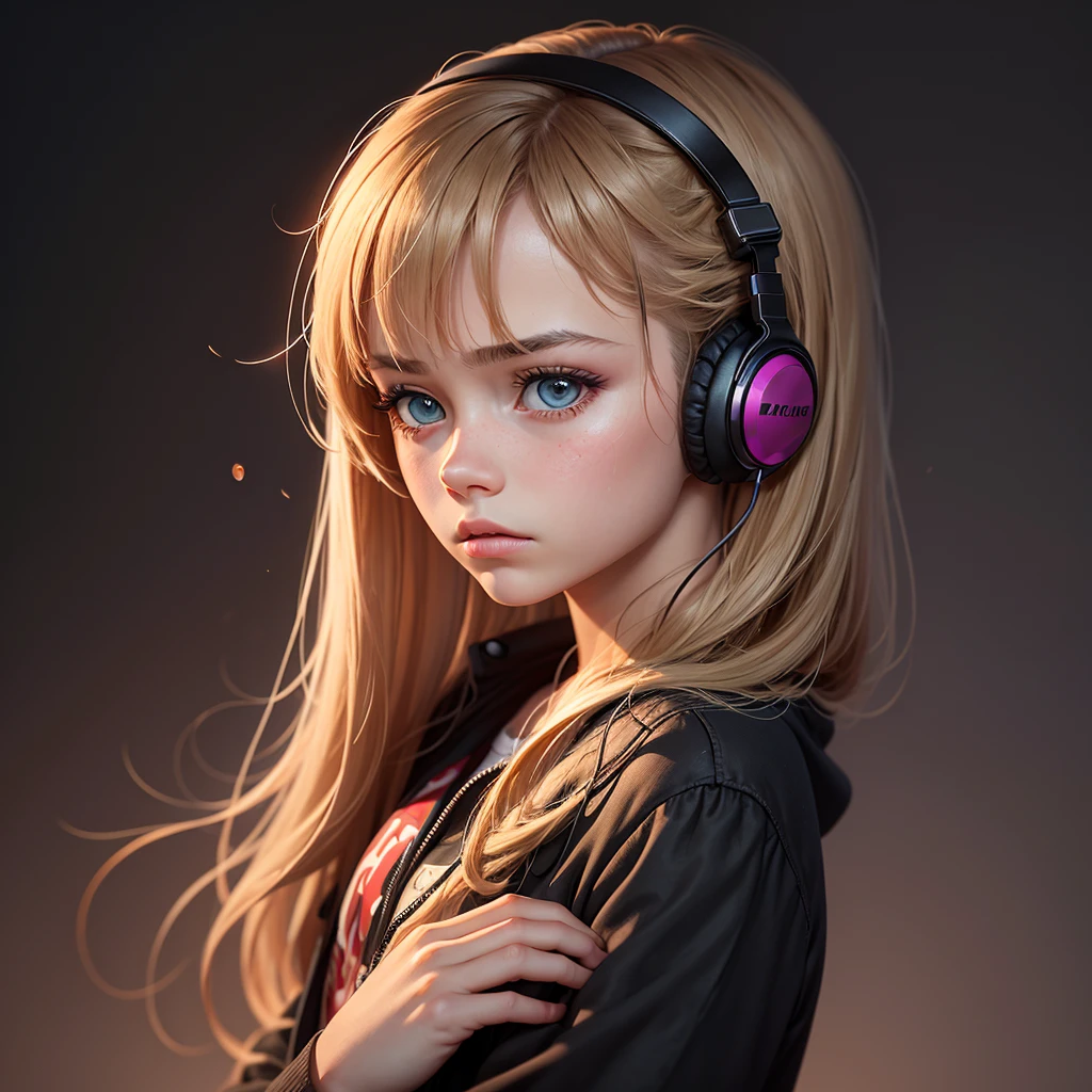 BLONDE KIDS GIRL, Headphones with lightning in the background,