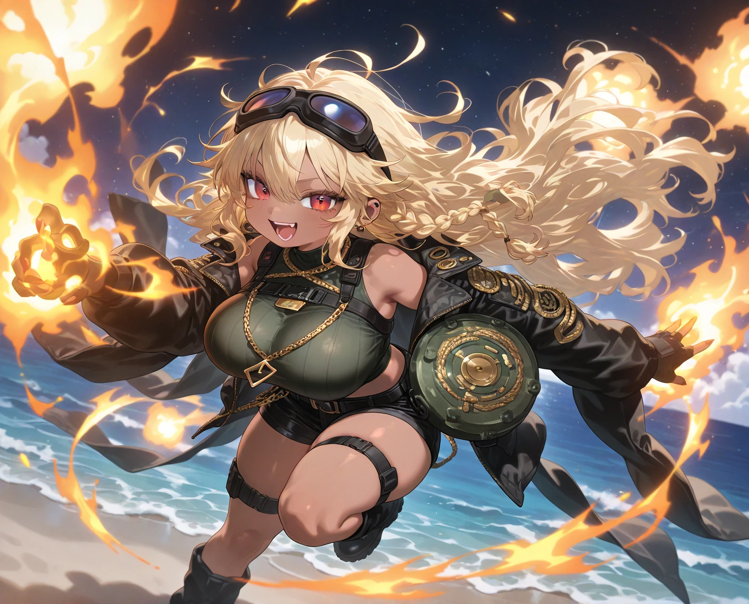 A beautiful blonde woman, wearing a metallic gold bikini, operating a large black machine gun mounted to a burning steampunk airship, firing down