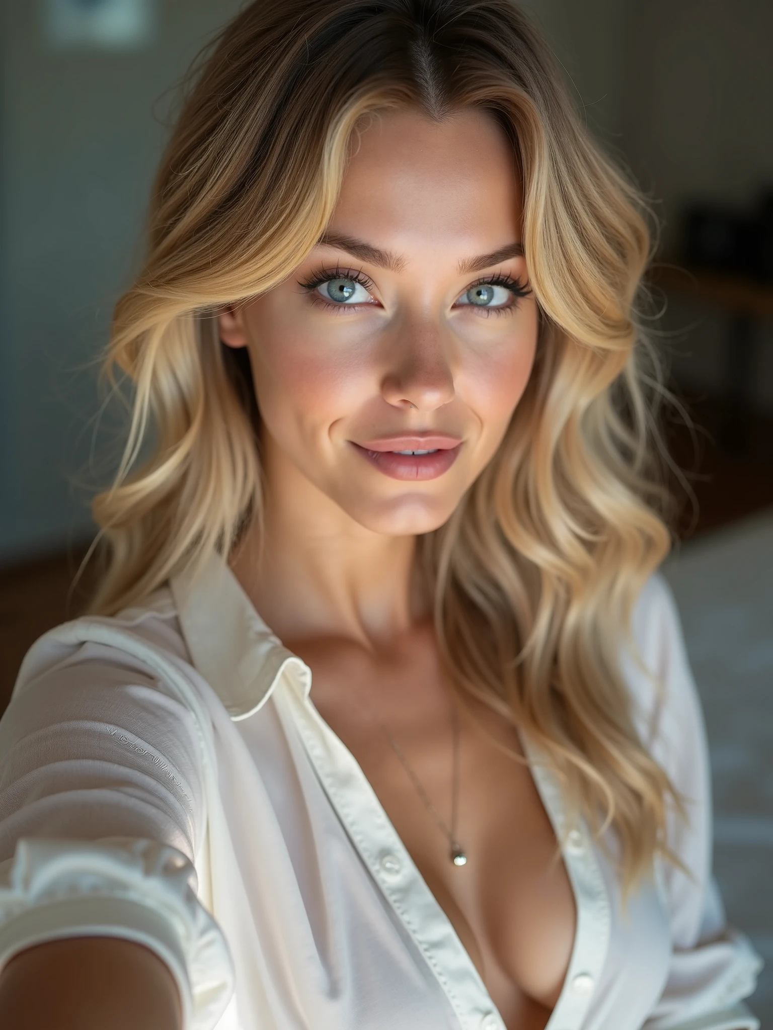 A blonde woman with a low-cut top is sitting alone, engaging in a conversation as if speaking to someone off-camera. She is confident and composed, with a stylish and slightly revealing outfit. The setting is neutral, focusing on her as the central figure, with a simple background that emphasizes her presence and the casual yet captivating nature of the scene