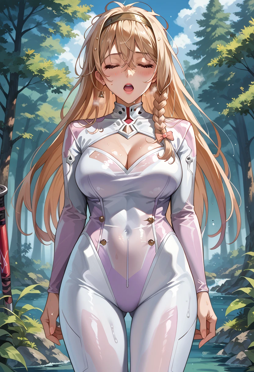 Minami kotori ,big breasts, (white pink bodysuit:1.2), elbow gloves, halter neck,bare shoulders, nsfw, white blossom tree, cameltoe, outside park, laying on grass