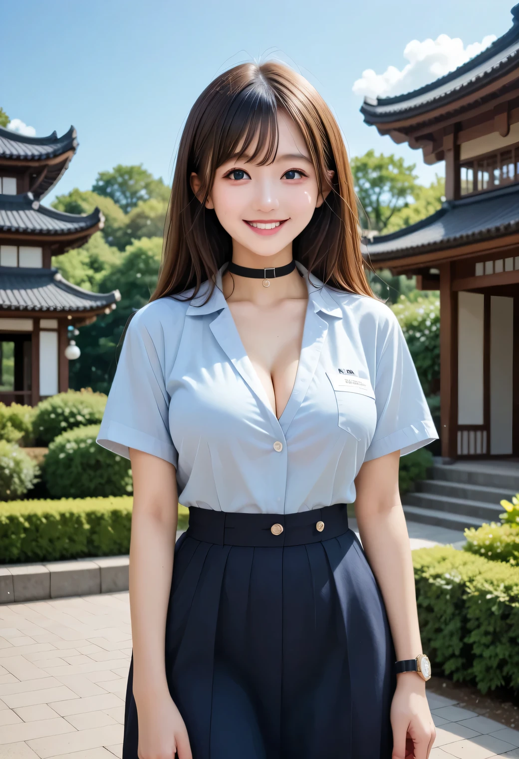score_9, score_8_up, score_7_up, source_Genuine, rating_safe, high resolution image standing on a cloth , masterpiece, top quality, great quality, very well detailed, Intricate Details , sharp details, sharp concentration , Professional Writing , Japanese idol , big breasts, black choker、shoot from the front、 shot from a distance、Standing statue in front、thigh、 Hair, ((bungs, pale skin)), Neat Bob、pattsun maegami , detailed face , detailed eyes, sophisticated nose, smile, SM, masochist , watch viewers, perfect hand, perfect anatomy,Japanese,cute,beautiful,(Wear an office uniform:1.2),seiza,big breasts,smile,Japanese Garden,blue sky,bright natural light
