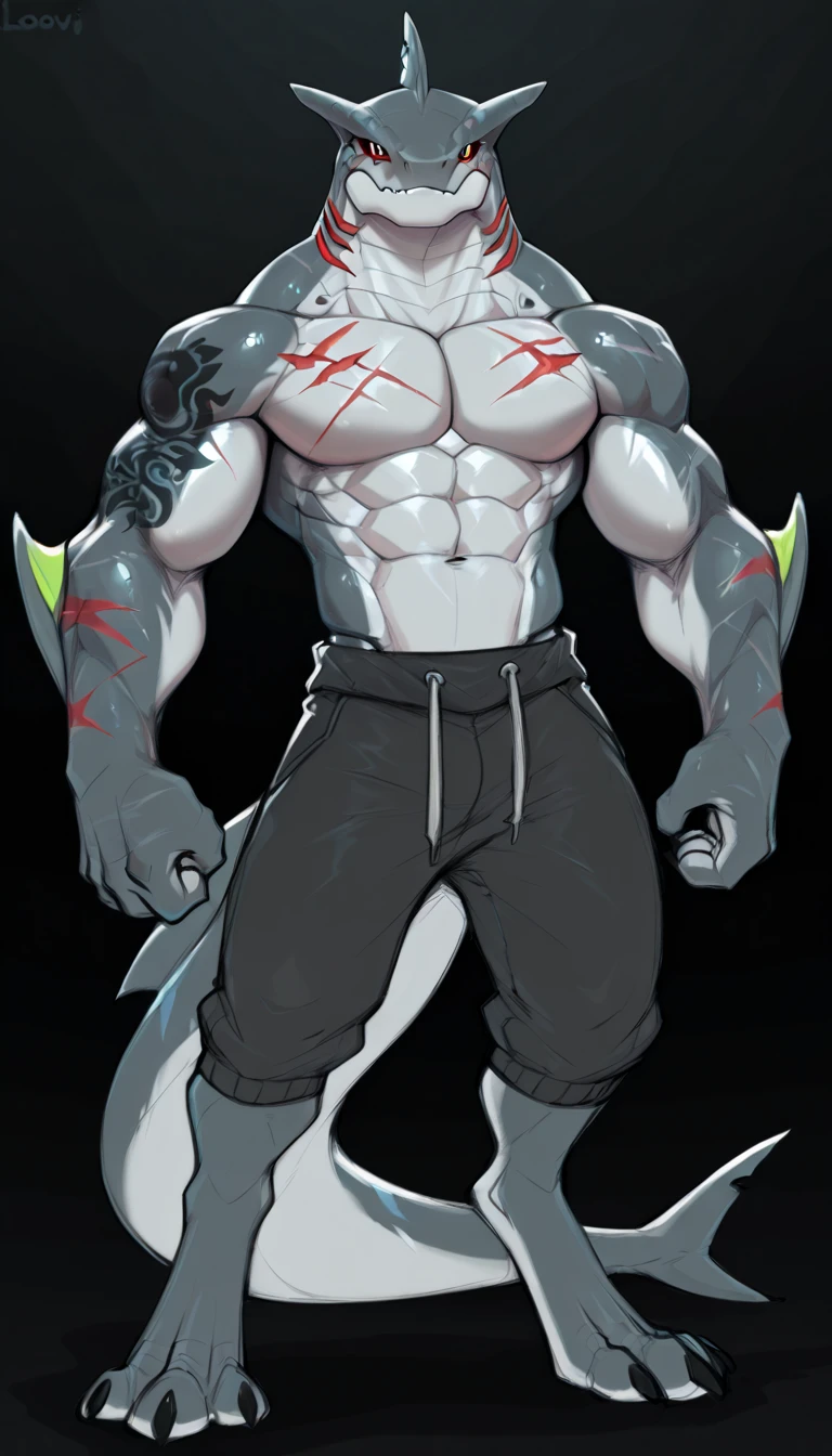 Muscular gay shark in shorts with a large detailed dick