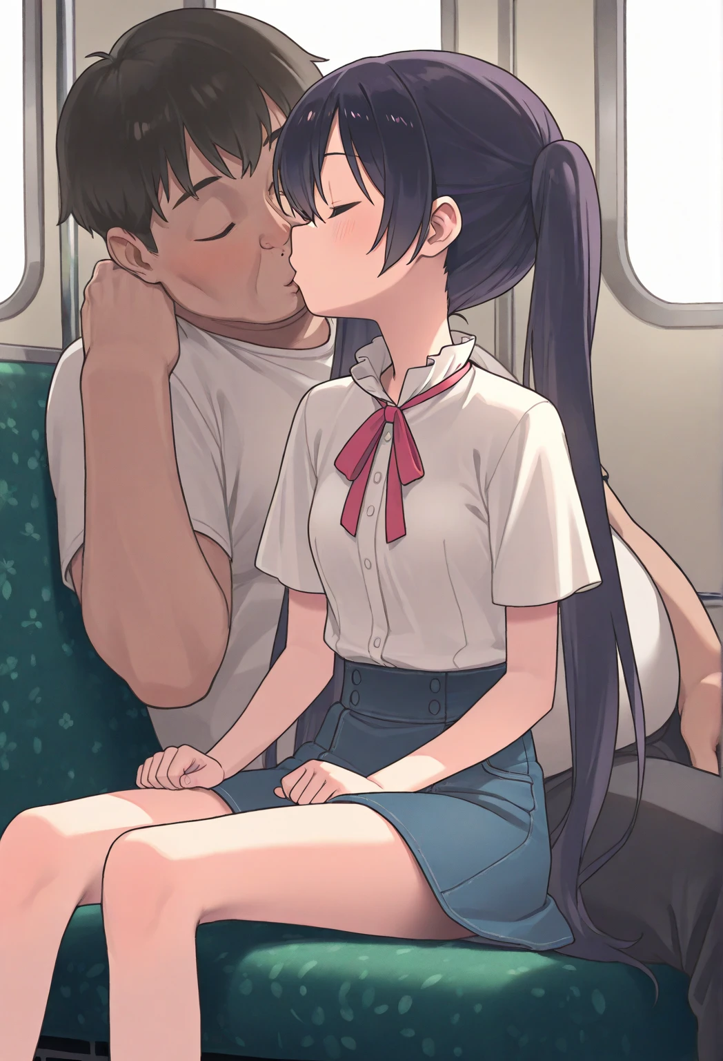 A middle-aged man is kissing a topless, pantyless, blue-checked skirt-wearing girl with erect nipples, short black hair, small breasts and pale pubic hair, as she spreads her legs and cries on a train.