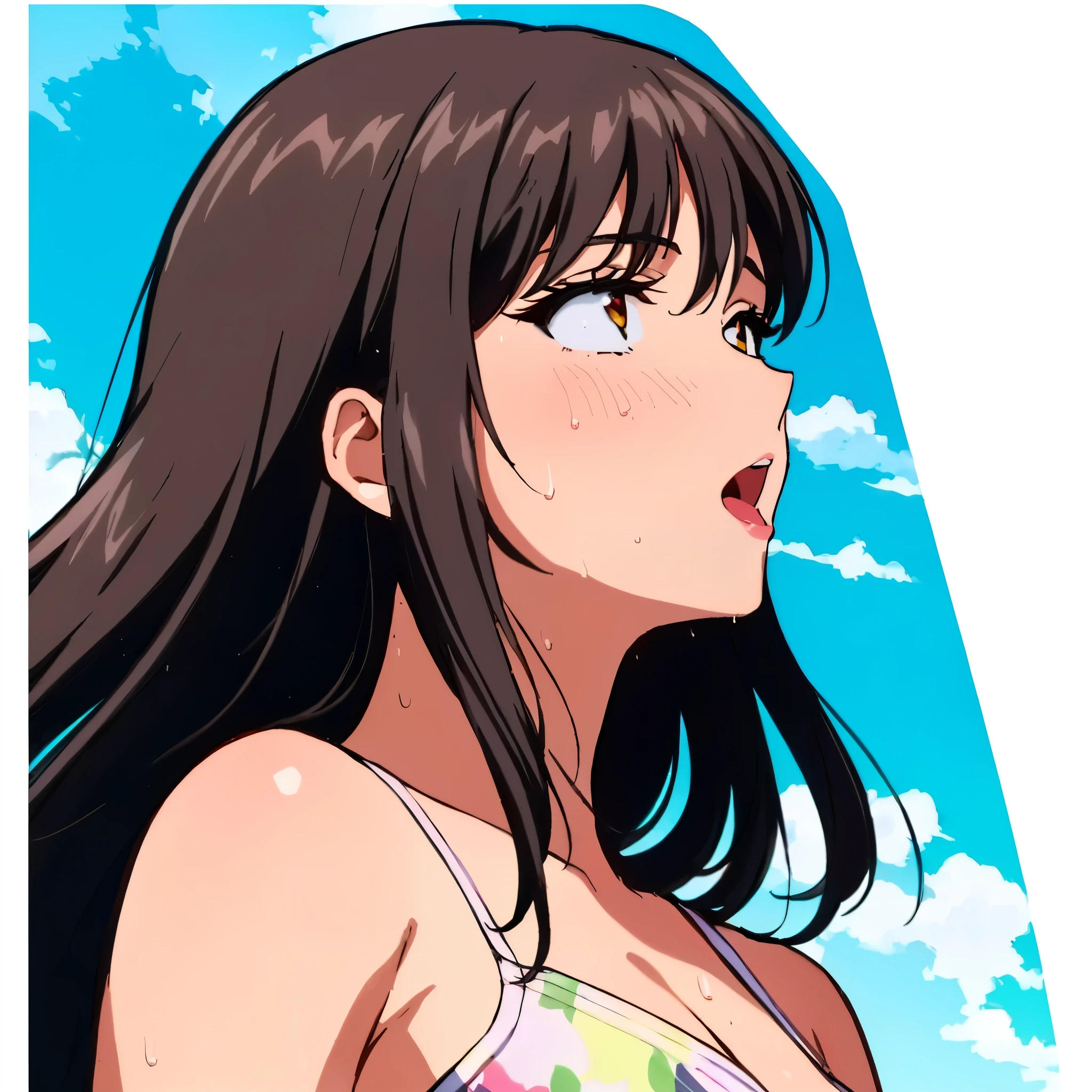 4K, A high resolution, Best quality at best, masterpiece, perfect colors, perfect shadow, perfect litthing, ((sportrait)), Anime girl sitting in car with hand on chin, Anime visuals of cute girls, Seductive Anime Girl, charming anime girls, anime styled, High quality anime art style, Beautiful anime girl, young anime girl, Anime Girl, Anime Girl with Long Hair, tight crop top, big breast, half breast open, background is Tokyo city 80s,  an anime girl, Cute anime girl, face closeup