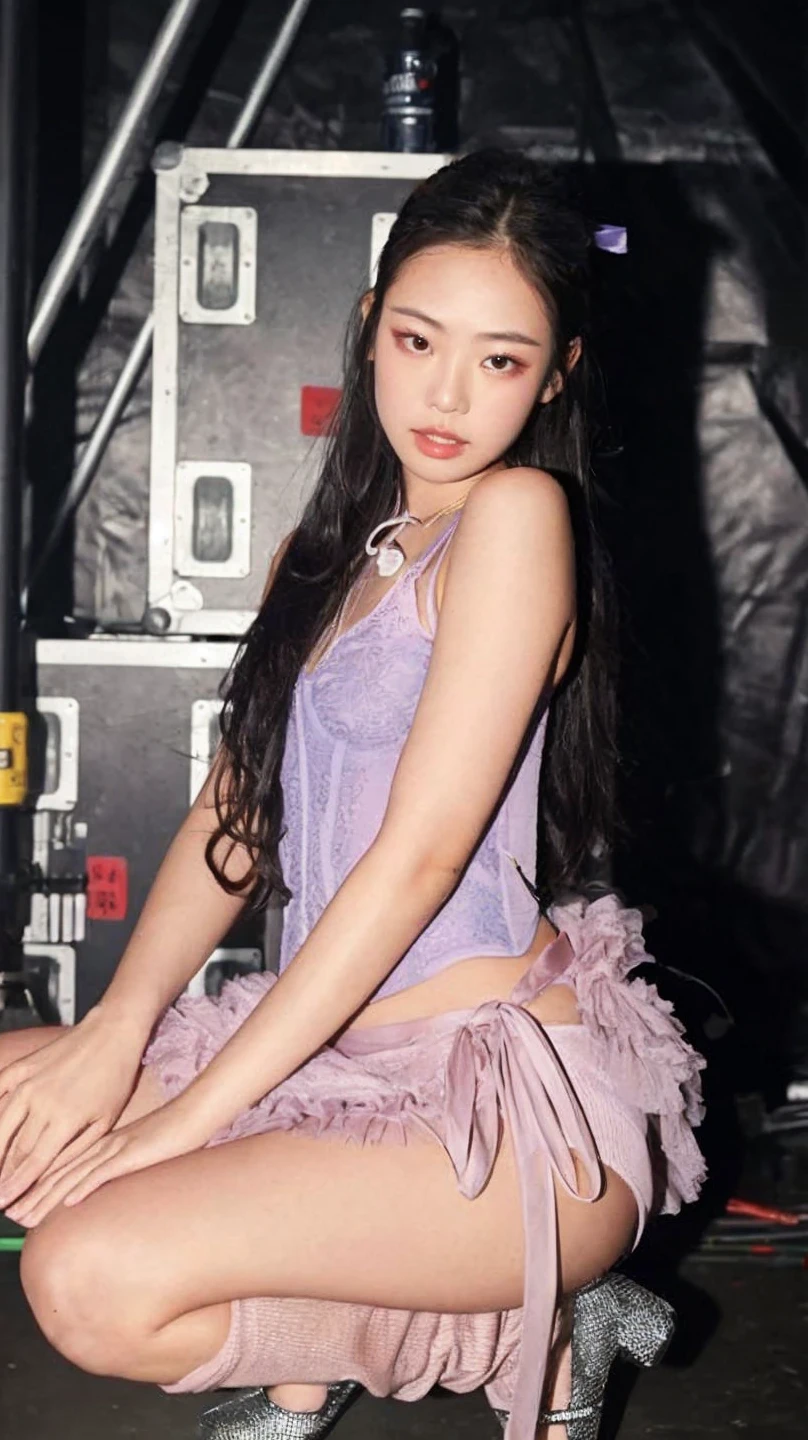 Uma linda mulher, Ulzzang, Jennie Blackpink, Jennie Kim, Kim Jennie, a beautiful woman with long black hair wearing a lilac half-cropped blouse crouches sitting looking straight