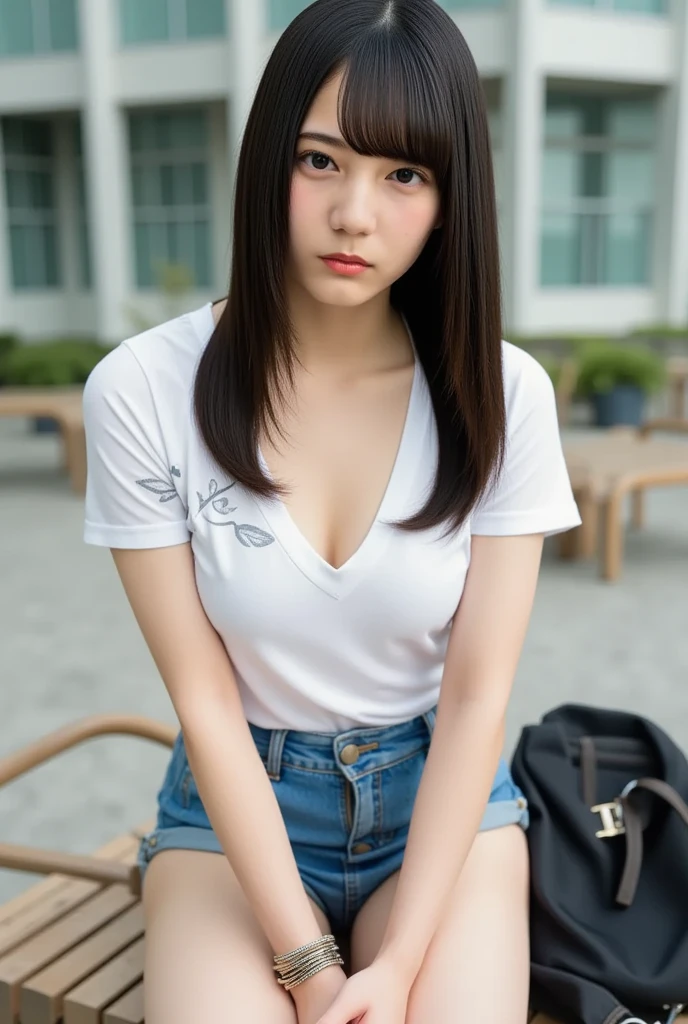 (masterpiece:1.4),(Highest quality:1.4),超High resolution,((Detailed facial features)),High resolution,8k resolution,One girl,blue sky,Mouth is distorted / :3,(Shiny),Sadako,street,shirt,Earrings,Short jeans,Large Breasts, Wet Skin,Shiny skin,, ,Wear socks over your knees,View your viewers,Fits perfectly to the skin,Focus Only,Mischievous face,