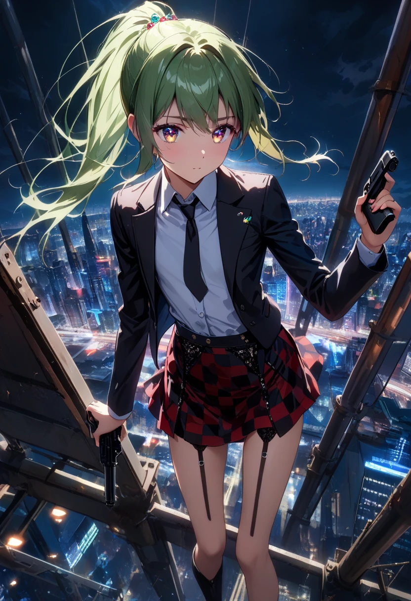 (cowboy shot),konpaku_youmu_touhou,(chibi:1.1),short_hair, ribbon, hairband, black_hairband, hair_ribbon, black_ribbon, bangs, white_hair,short sleeve, vest,(green mini skirt),blue_eyes,(green vest),bow, blush, black_bow, grey_hair,thighs,(from below:1.3),(skirt lift:1.5), ((skirt grab:1.3)), (Skirt that rolls up:1.3),(Fully exposed panties:1.5) ,panty shot,masterpiece,Noise Reduction,perfect anatomy,high resolution, ultra-detailed, ultra-detailed face,game cg,dutch angle ,beautiful detailed eyes,visualart,five fingers, perfect hands, perfect lighting, sparkling pupils,