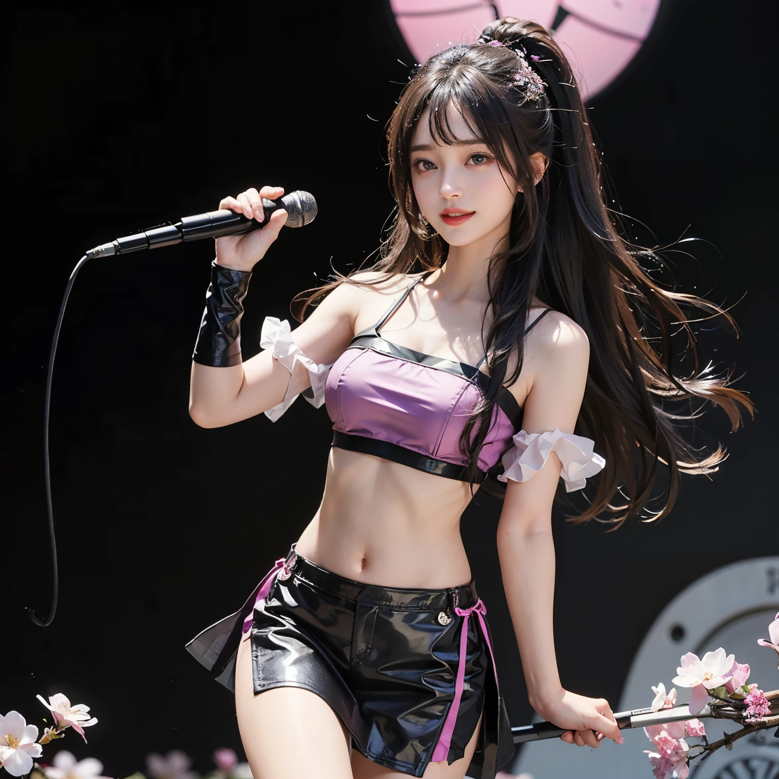 1womanl、(Super beautiful)、(ultra beautiful faces)、(A detailed face)、（Purple mesh hair）、Korea person、heavy metal、musicians、guitarrist、spreads her legs、(Steampunk fashion)、(Steampunk costumes&a miniskirt:1.1)、(Small white lace sheer panties are visible from under the skirt:1.2)、The pubic area is clearly visible、high-heels、Rock Live Stage、At SFW