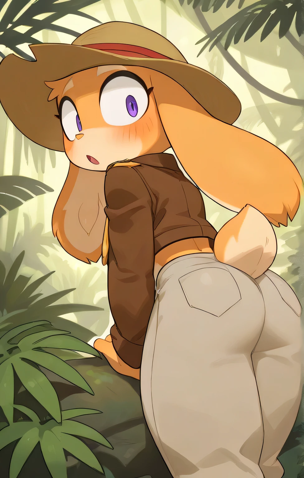 in, Highest quality, masterpiece、 cartoon anime、 furry,Long、Explorer、hat、long pants、jacket、in the jungle