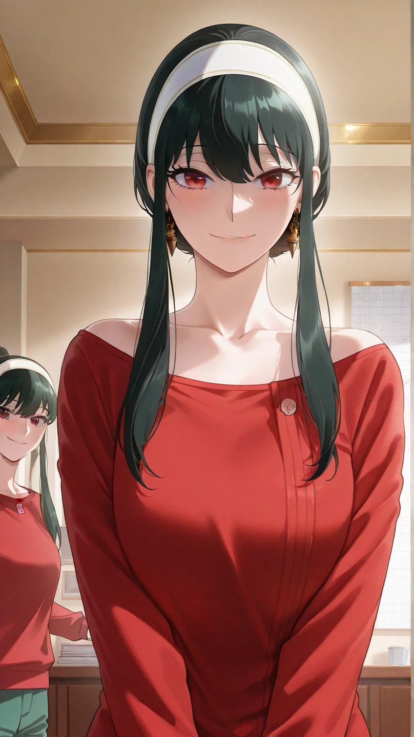 ((ultra quality)), ((work of art)), ((8k)), ((yor)), murderer, ((Bblack hair)), (beautiful  face), enchanting, ((happy facial expression)), looks at the camera with a slight smile, (white skin color), (Caucasian skin), body shine, ((beautiful detailed female eyes)), ((Eyes red)), (beautiful female lips), (dark eyeliner), (beautiful female hands), ((ideal female figure)), ideal female body, beautiful waist, beautiful hips, medium breasts, (cloth: red sweater,((high thong panties), ((subtle and beautiful)), lies sedately, ((Depth of field)), ((high quality clear image)), (clear details), ((high détail)), realistically, ((Focus Clear)), アニメ.