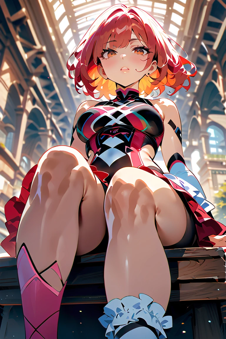 masutepiece, High quality, Best Quality, High resolution, 4K, High Definition, Beautiful lighting,1girl in, Short hair, Pink hair, Pink eyes, Yui, Hair bun, ((wide smile)), japanes、red blush, full pose, 2d, masterpiece, best quality, anime, full body, full pose, highly detailed, cowboy shot, 1girl, solo, blue eyelack short dresangs, medium breasts, ((sitting on rock)), ((thighhighs)), ((blushing:1.4)), ((show feets:1.4)), ((Sky from below:1.4)), ((full body)), (sitting on bed:1.4)),