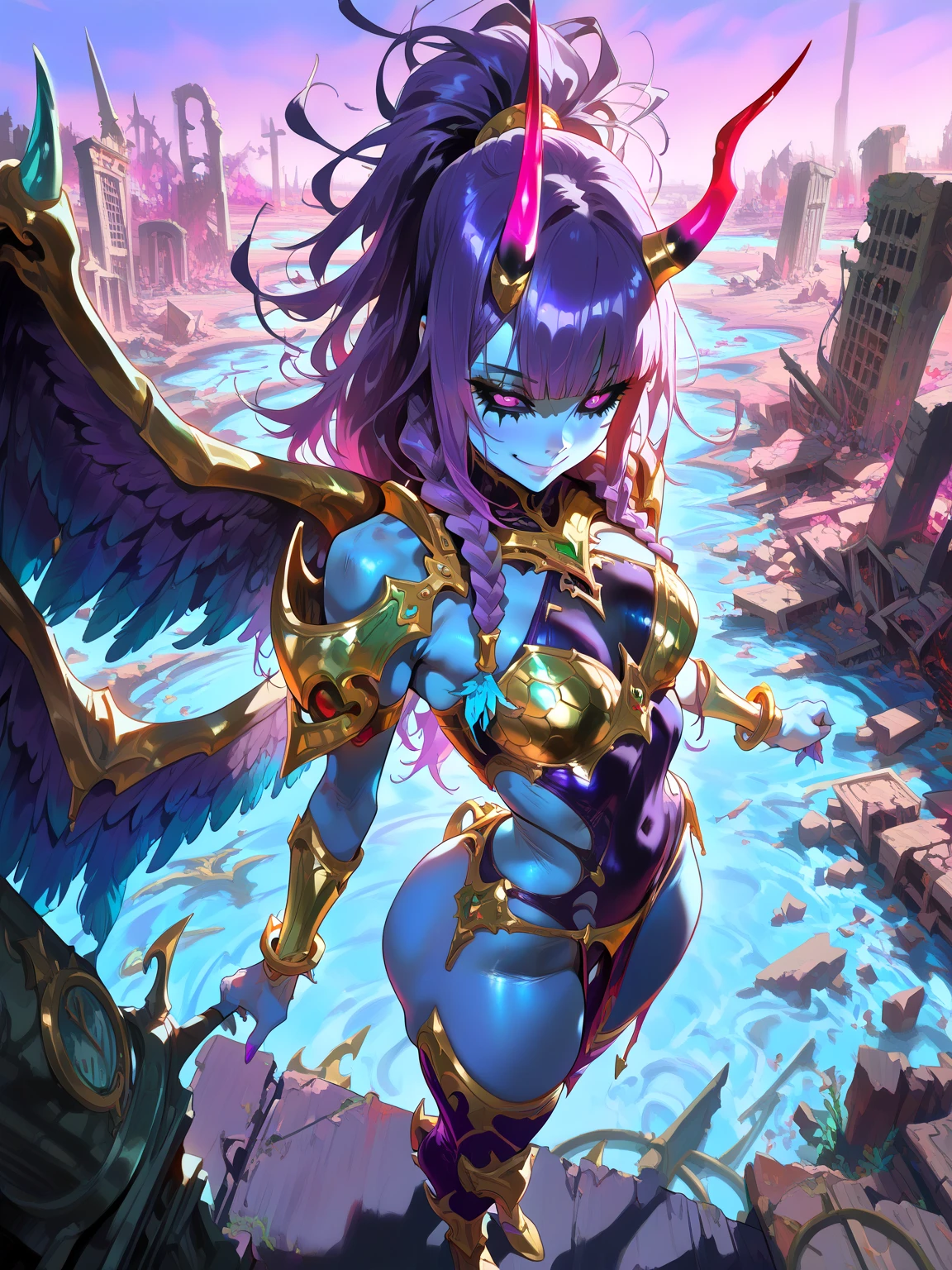 (Cyberpunk Demon woman), mature, very angry face, long fangs, diamond face, demon tail, wings demon, strong shadows, (neon light), neon, detailed face, sparks, gargolyes background, hell, night, (attacking), detailed abs, scars, shinying eyes, war pose, long claws, (masterpiece), direct light, underlight, strong jaw, golden sky, large boobs, (Demonic queen(, gothic, massive ass, thick thighs, long torso, wide waist, skinny torso, fit, perfect face, armor, (colorful vibrant lights), (futuristic),