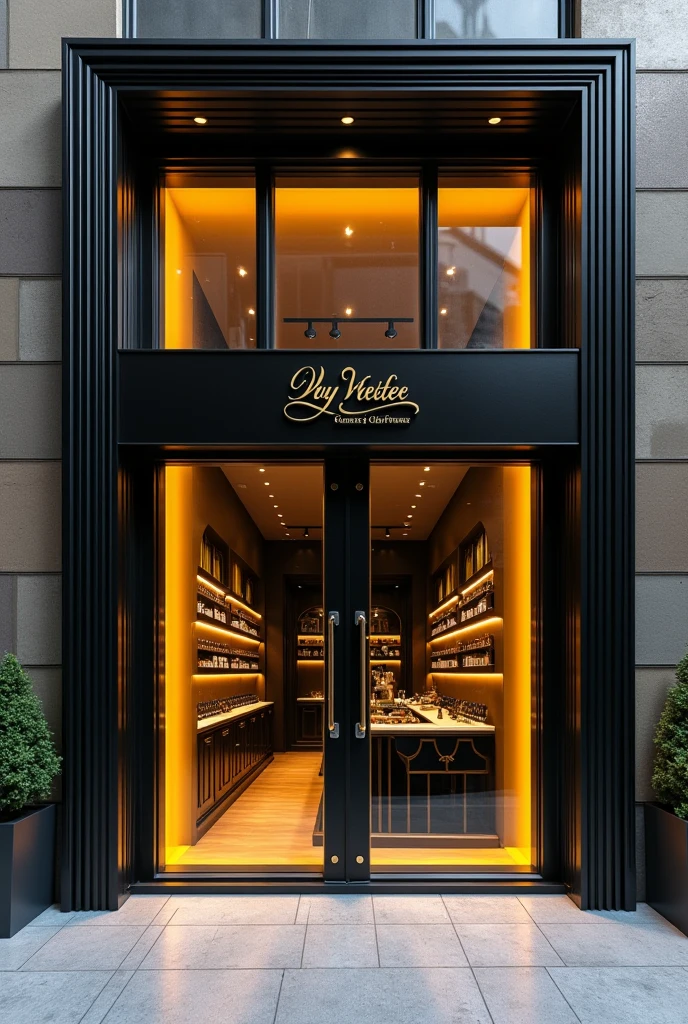 Make a facade of a modern tobacco shop with an elegant look, with striking architectural elements with black and yellow colors