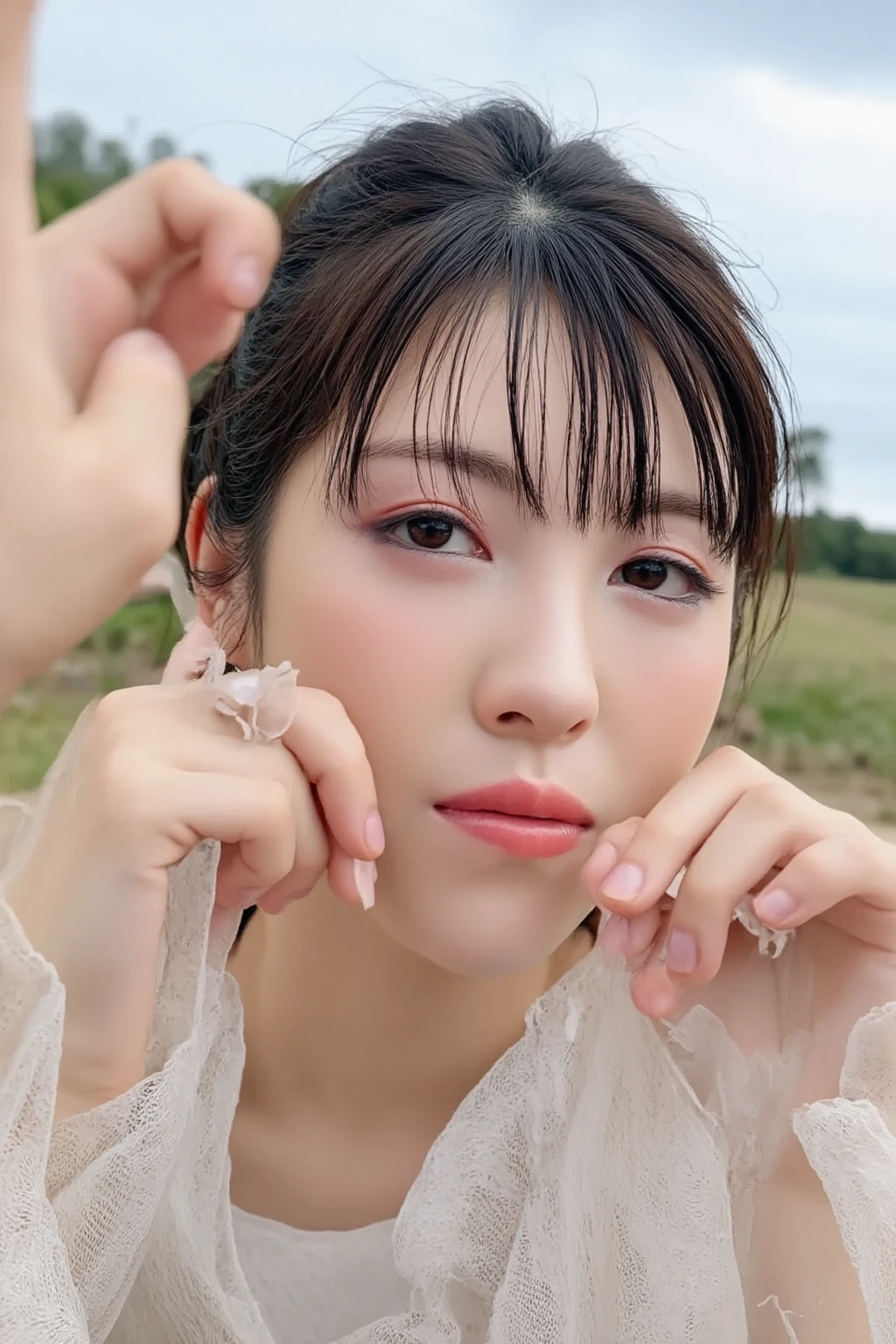 (8k、RAW Photos、highest quality、masterpiece:1.2)、(Realistic、Realistic)、1 Japanese girl、(Short hair)、((Black Hair))、((White Lingerie))、((Petite Woman))、(((Big Breasts)))、Lots of eyelashes、Glowing eyelids、skeletally correct