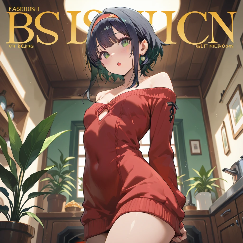 (small breasts:1.3), (perky chest:1.1), (pointed chest:1.0), (fashion magazine cover:1.3),(from below:1.0),(from side:0.9),masterpiece, 1girl, Amazing Cleavage:1.1, thin waist, big ass, Raised sexy, small breast: 1.3, posed cleavage:1.2、solo, looking at viewer, open mouth, have a cute grass of cute beergrass,black hair, dark green eyes, dress, bare shoulders, jewelry, collarbone, sidelocks, hairband, earrings, indoors, off shoulder, :o, sweater, arms behind back, plant, short hair with long locks, gild hairband, off-shoulder dress, sweater dress, off-shoulder sweater, red sweater, dark gord hair, big side hair, very long side hair,is rendered in (masterpiece: 1.2, best quality), with (ultra high resolution) and an exquisite (depth of field). This masterpiece is not only visually stunning but also tells,A scene of cooking in the kitchen by classroom