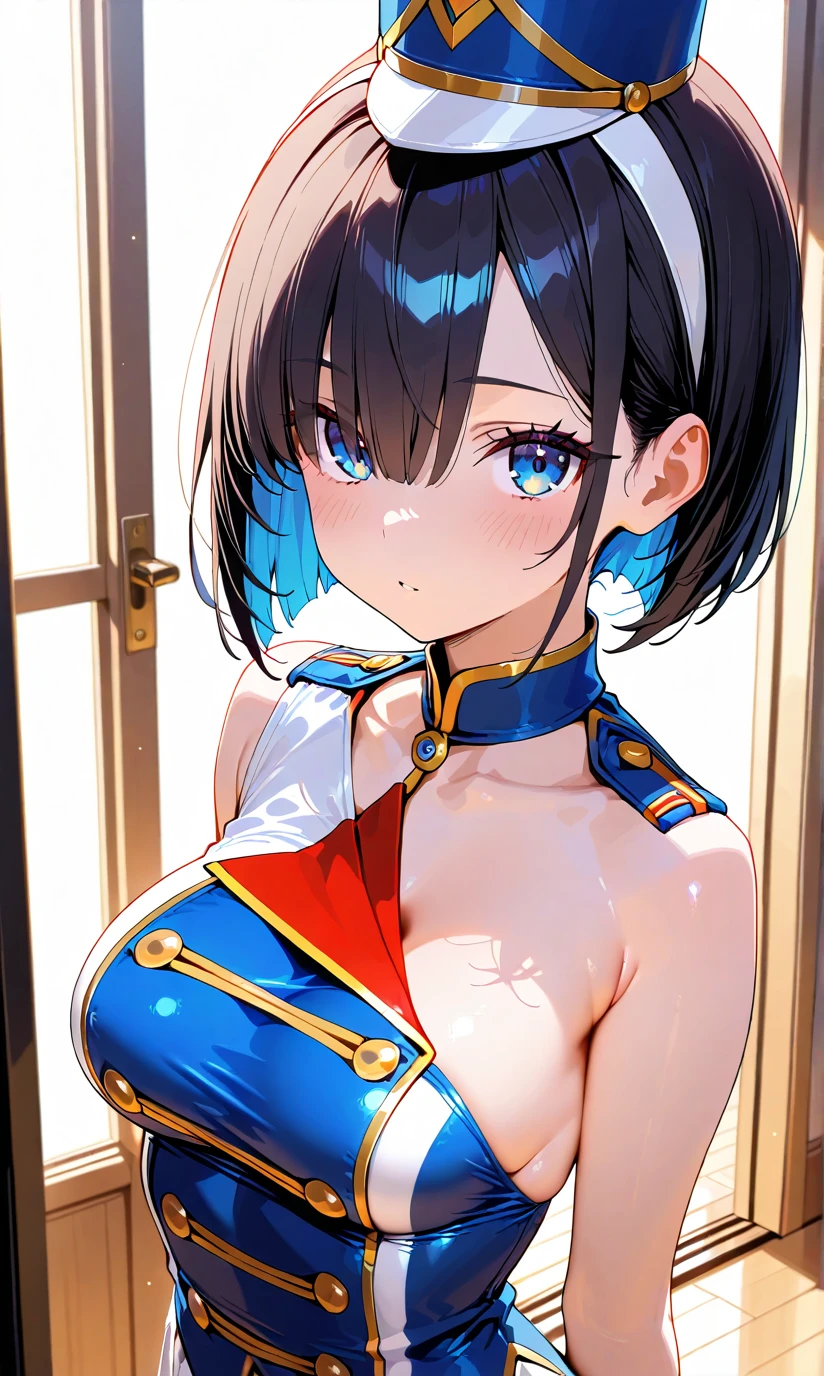 solo,upperbody,blue curly twintail,Embarrassed smile、Daughter of a European millionaire、(Senior y cute underwear),secret、England、Bedroom、snap shot、Looking at this++