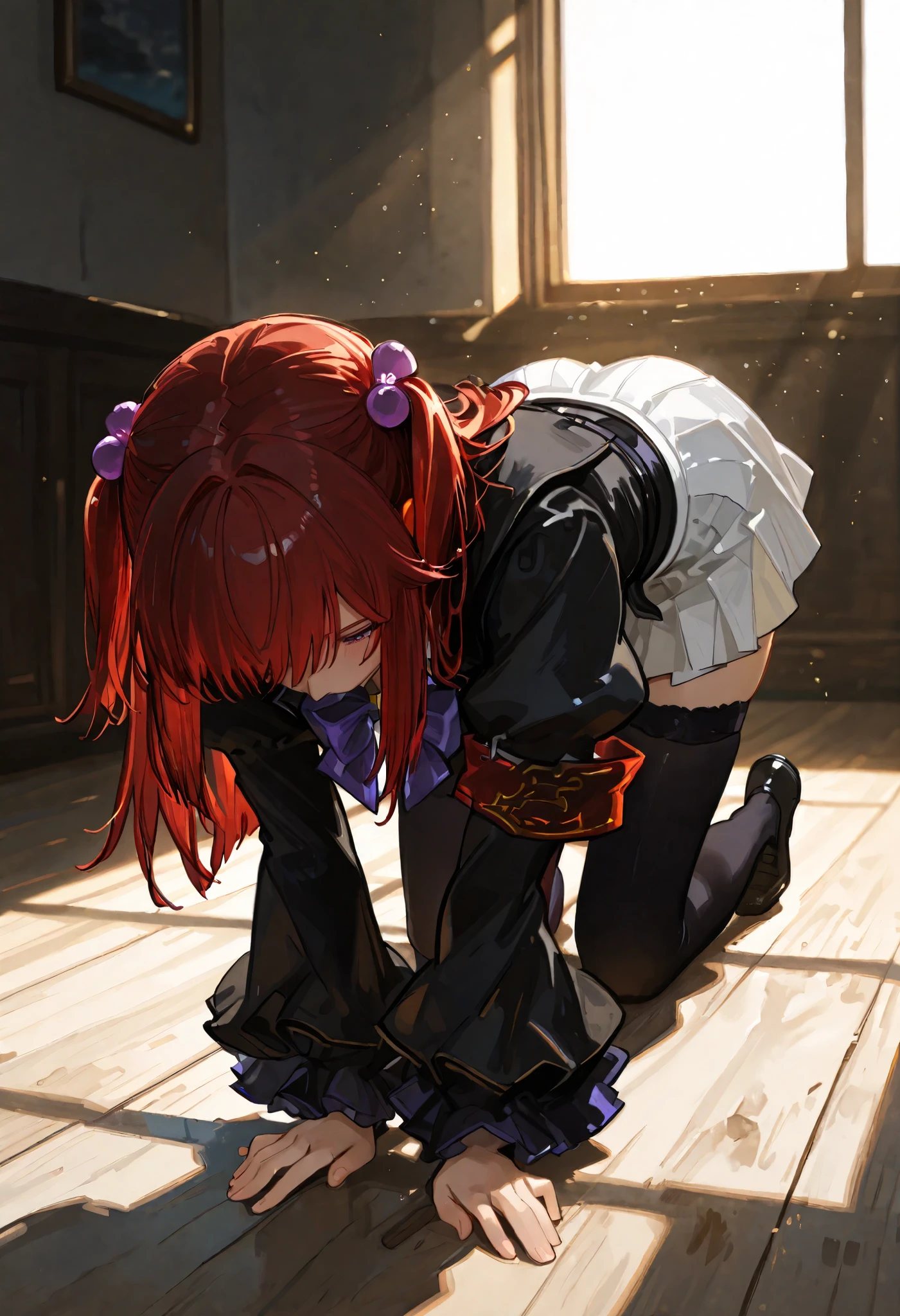 perfect quality, best quality, absolutely eye-catching, cinematic, (masterpiece), (ultra-detailed), Soft lighting, very aesthetic, illustration, perfect composition, 1girl, solo,, full body, black jacket, white skirt, purple bowtie, armband, ushiromiya ange, red hair, hair bobbles, hair ornament, long hair, black stockings, low view, on all fours, from back