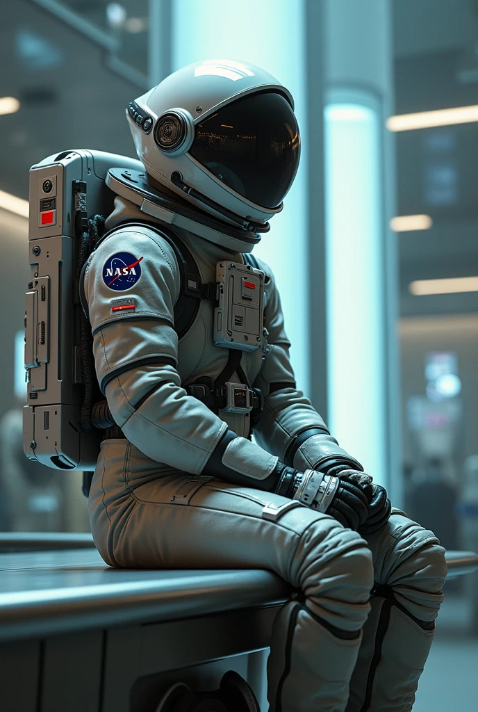 (sci fi medic)Male in all white latex body suit, blonde hair, hands visible, hair visible, pale skin, gloves, boots, gas mask, young, holding medical tools